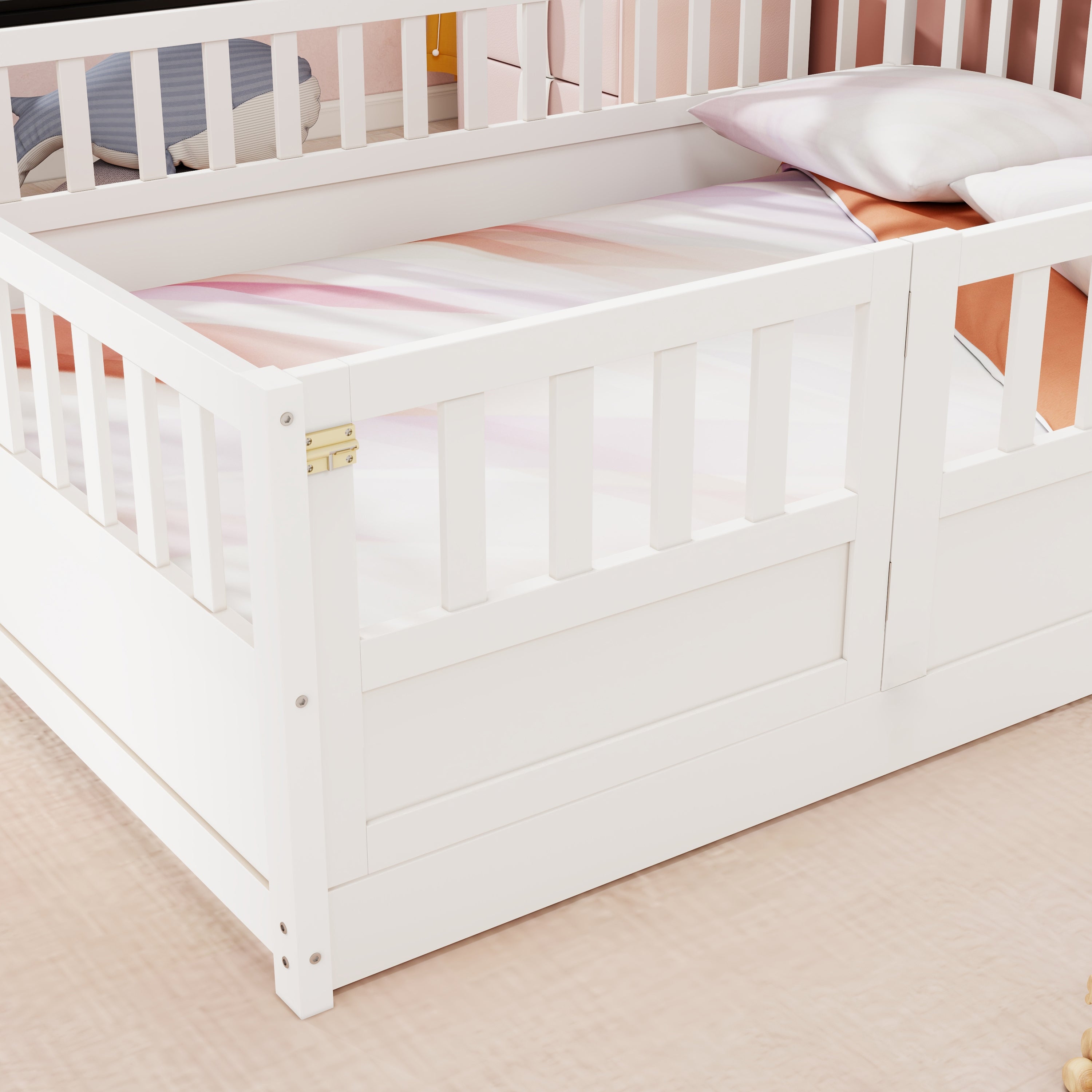 Full size  Floor bed, integral construction with super high security barrier, door, children's floor bed frame, Montessori wooden children's floor bed, white