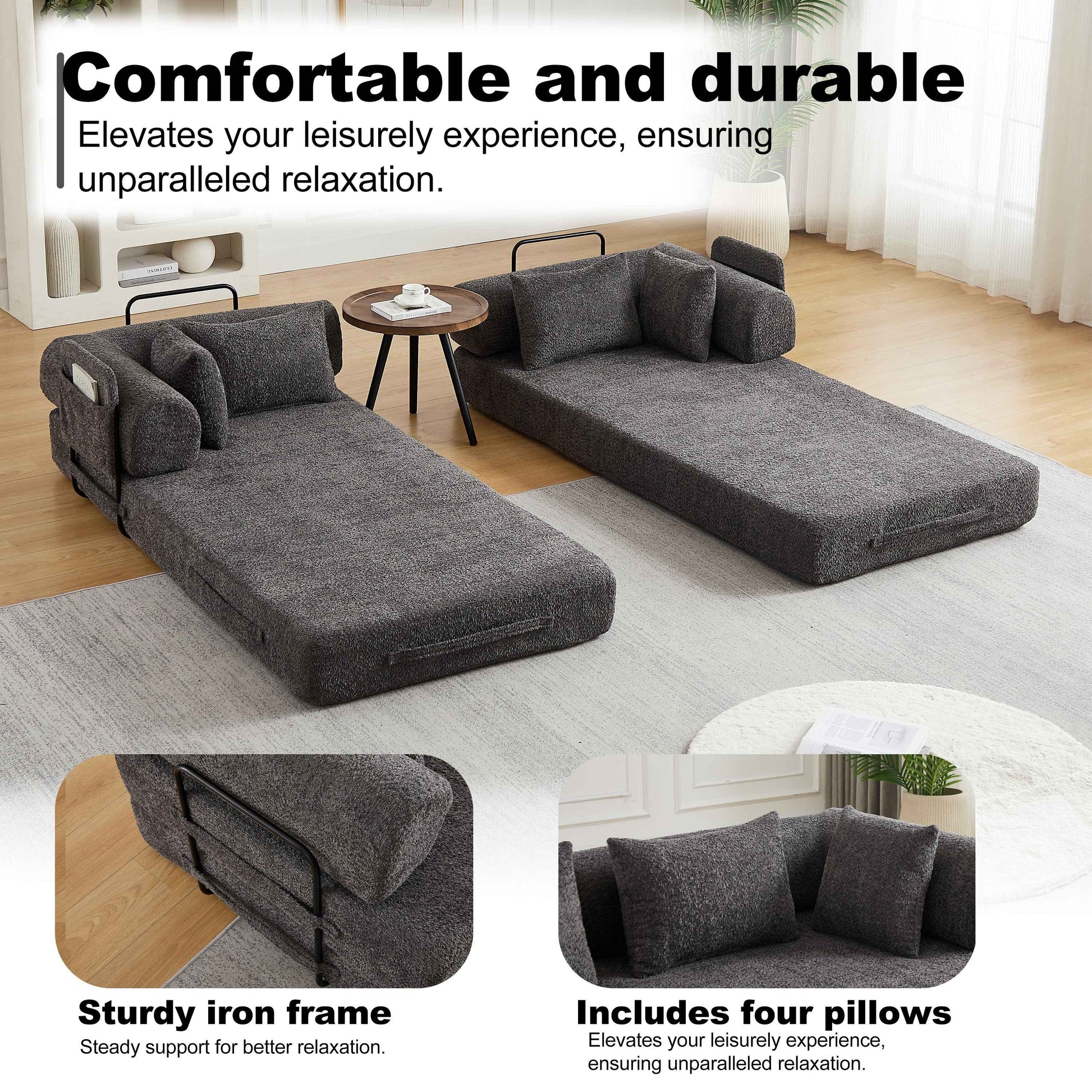 78.7-Inch Convertible Sleeper Sofa Bed with Cylindrical Pillow, Chenille Folding Mattress Couch with ,Folding Sofa Bed with Side Pocket, Floor Sofa Lounge Couch for Living Room Bedroom Lounge Studio