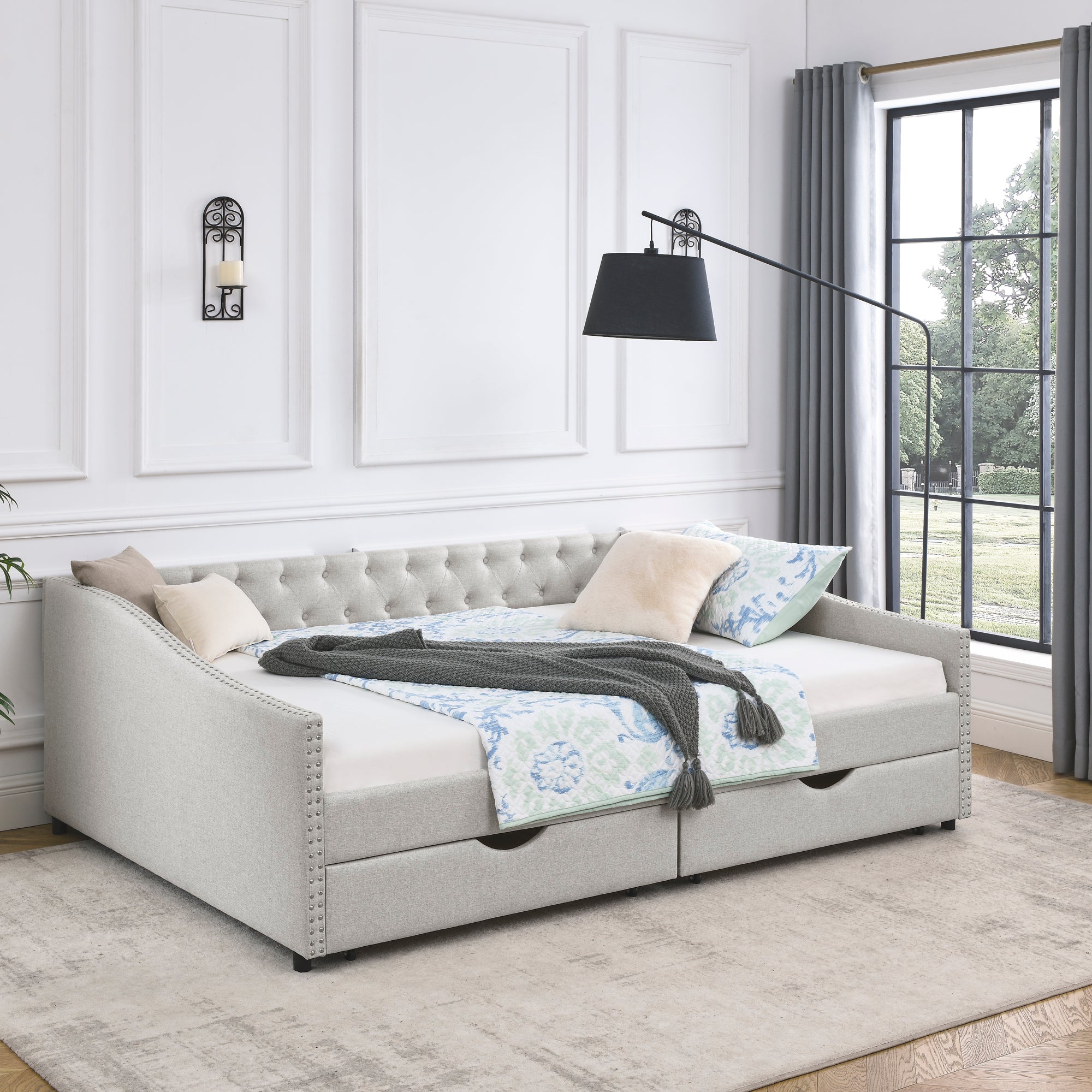 Queen Size Daybed with Drawers Upholstered Tufted Sofa Bed,,with Button on Back and Copper Nail on Waved Shape Arms, Beige (84.5'x63.5'x26.5') - Abrihome