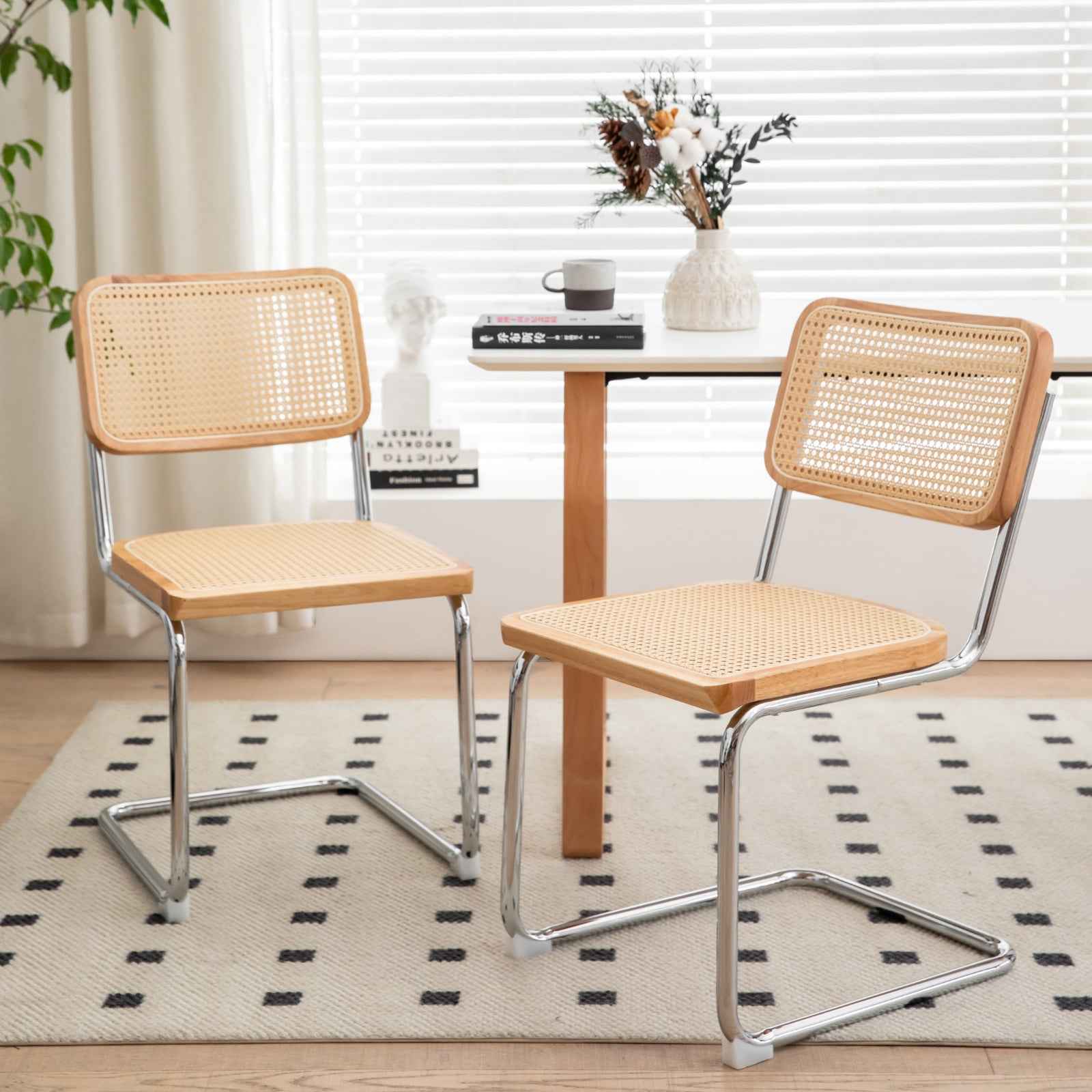 Dining Chairs Set of 2, Velvet Rattan Side Accent Chairs with Chrome Legs, Modern Mid Century Breuer Designed Chairs, Upholstered Dining Living Room Kitchen Chairs