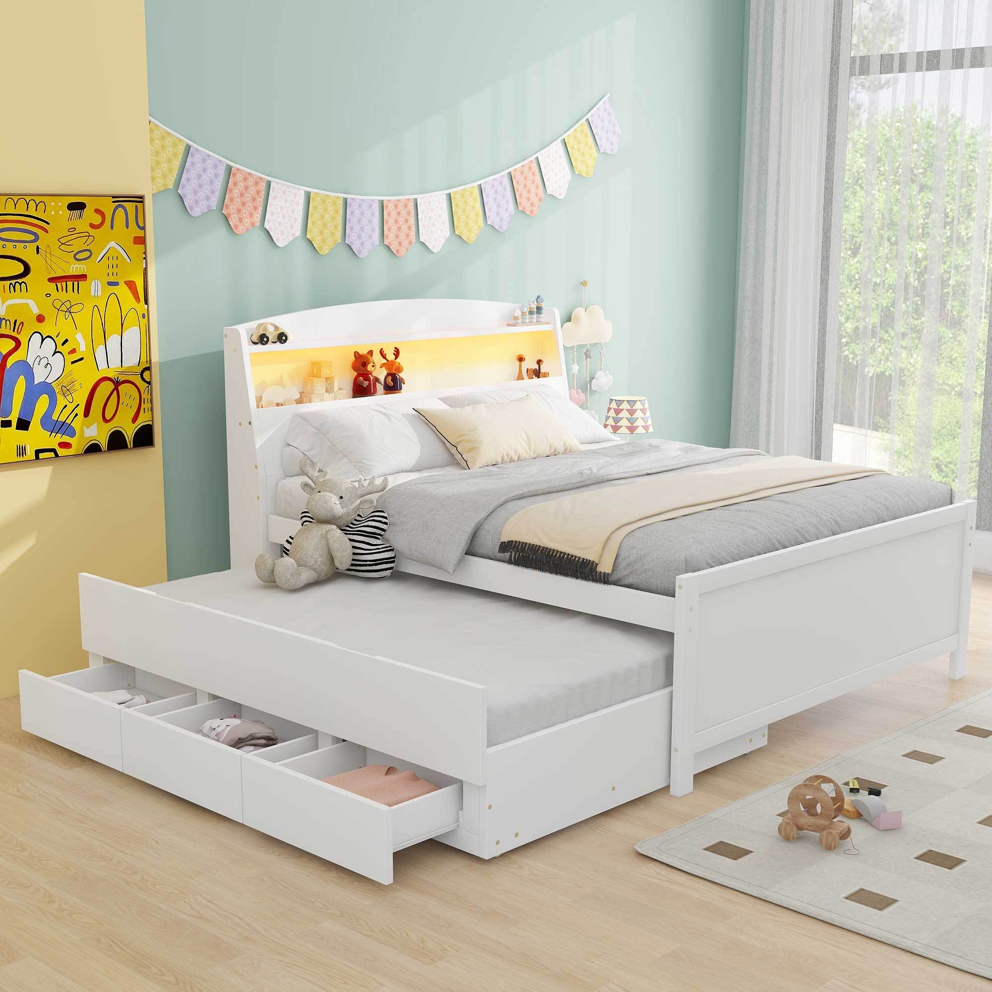 Full Size Platform Bed with Storage LED Headboard, Twin Size Trundle and 3 Drawers, White - Abrihome
