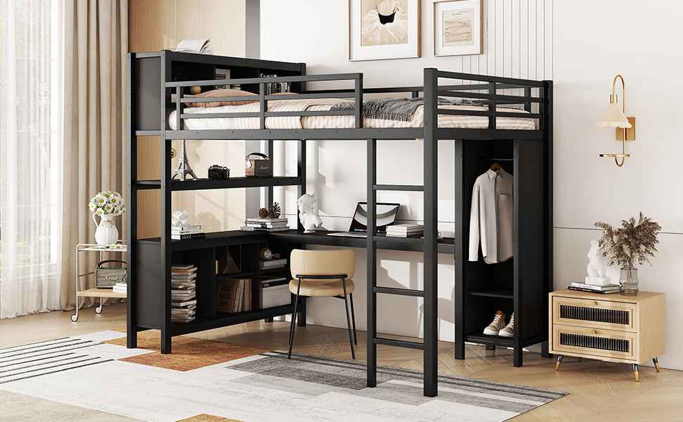 Metal Loft Bed with Wardrobe And L-shaped Desk, Full Size Loft Bed with Storage Cubes and Shelves, Heavy Duty Loft Bed for Kids Teens Adults, Black