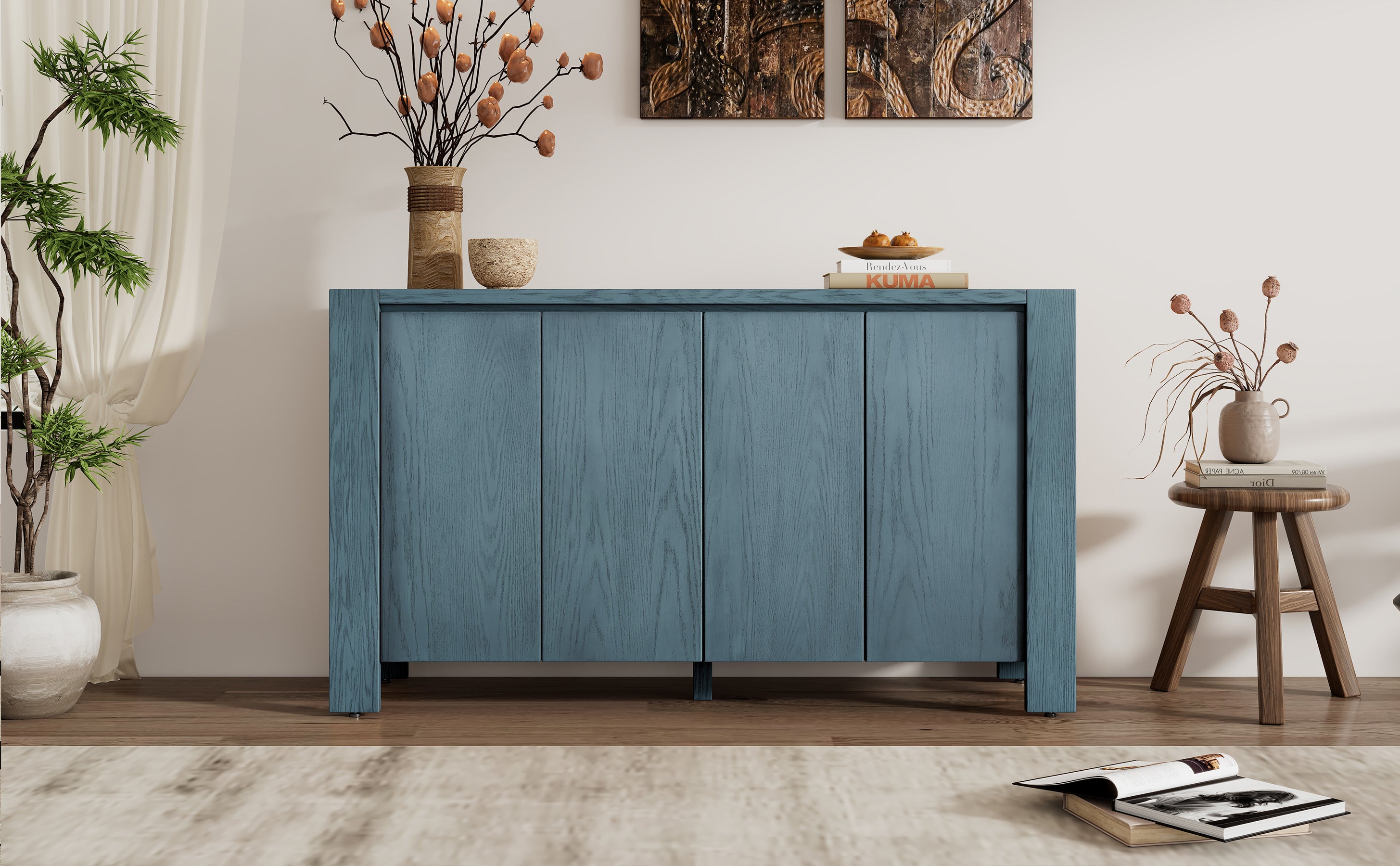 TREXM Retro 4-door Sideboard with Distressed Finish and Adjustable Shelves for Dining Room, Kitchen, and Living Room (Navy)