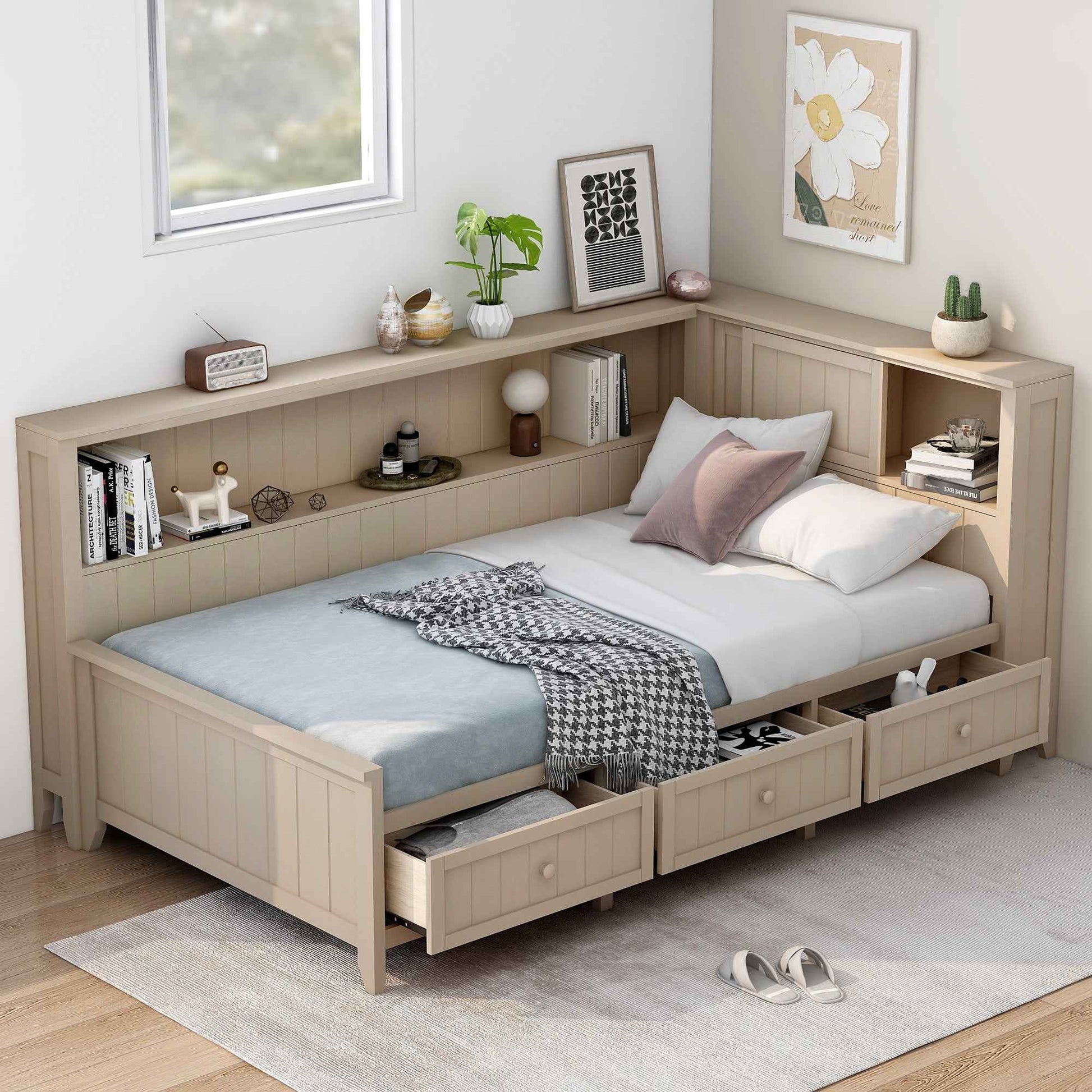 Twin Size Wood Daybed with Storage Shelves and 3 Drawers in Antique White Milk Finish, Solid Pine Wood and MDF