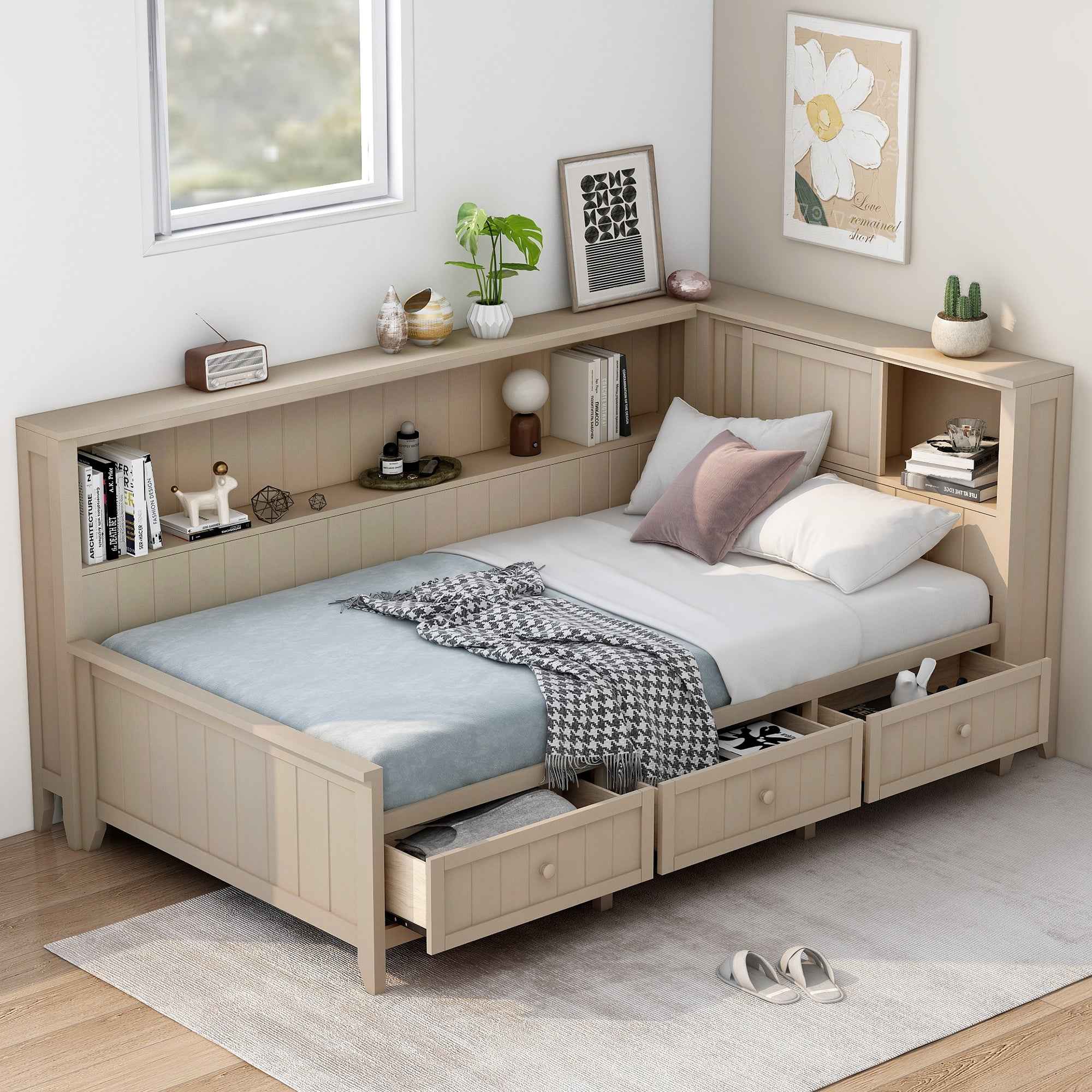 Twin Size Wood Daybed with Storage Shelves and 3 Drawers in Antique White Milk Finish, Solid Pine Wood and MDF