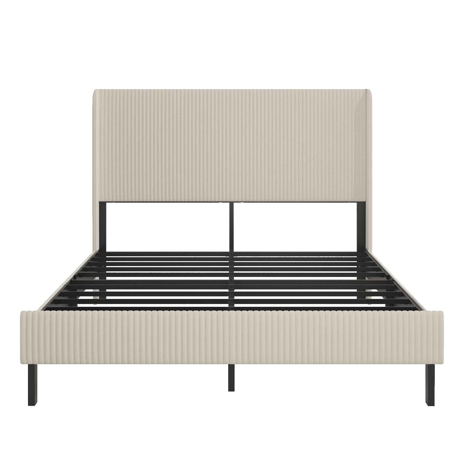 Modern Beige Queen Size Platform Bed with Metal Frame and Charging Station