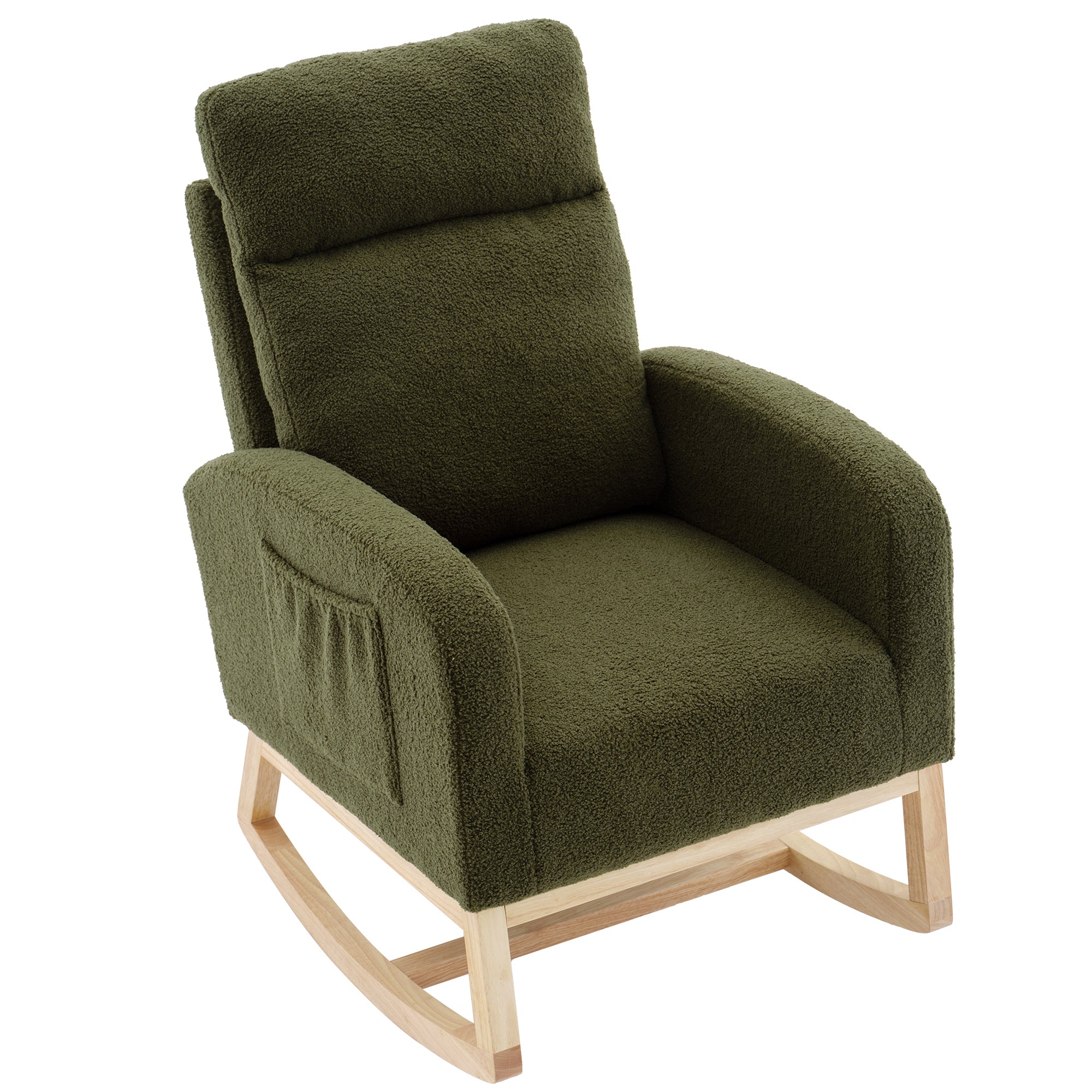 Modern Accent Rocking Chair Rocking Chair with Solid Wood Legs, Upholstered Nursery Glider Rocker, Comfy Armchair with Side Pocket, Living Room Lounge Arm Chair with High Backrest (Dark green,teddy)