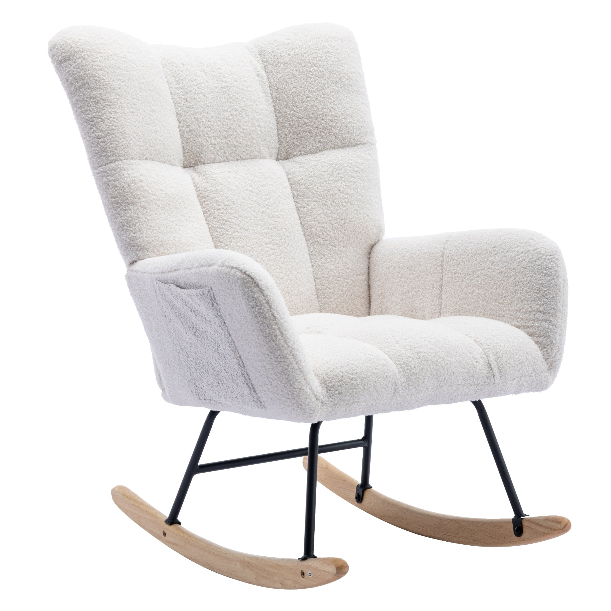 Rocking Chair with Pocket, Soft Teddy Fabric Rocking Chair for Nursery, Comfy Wingback Glider Rocker with Safe Solid Wood Base for Living Room Bedroom Balcony (white)