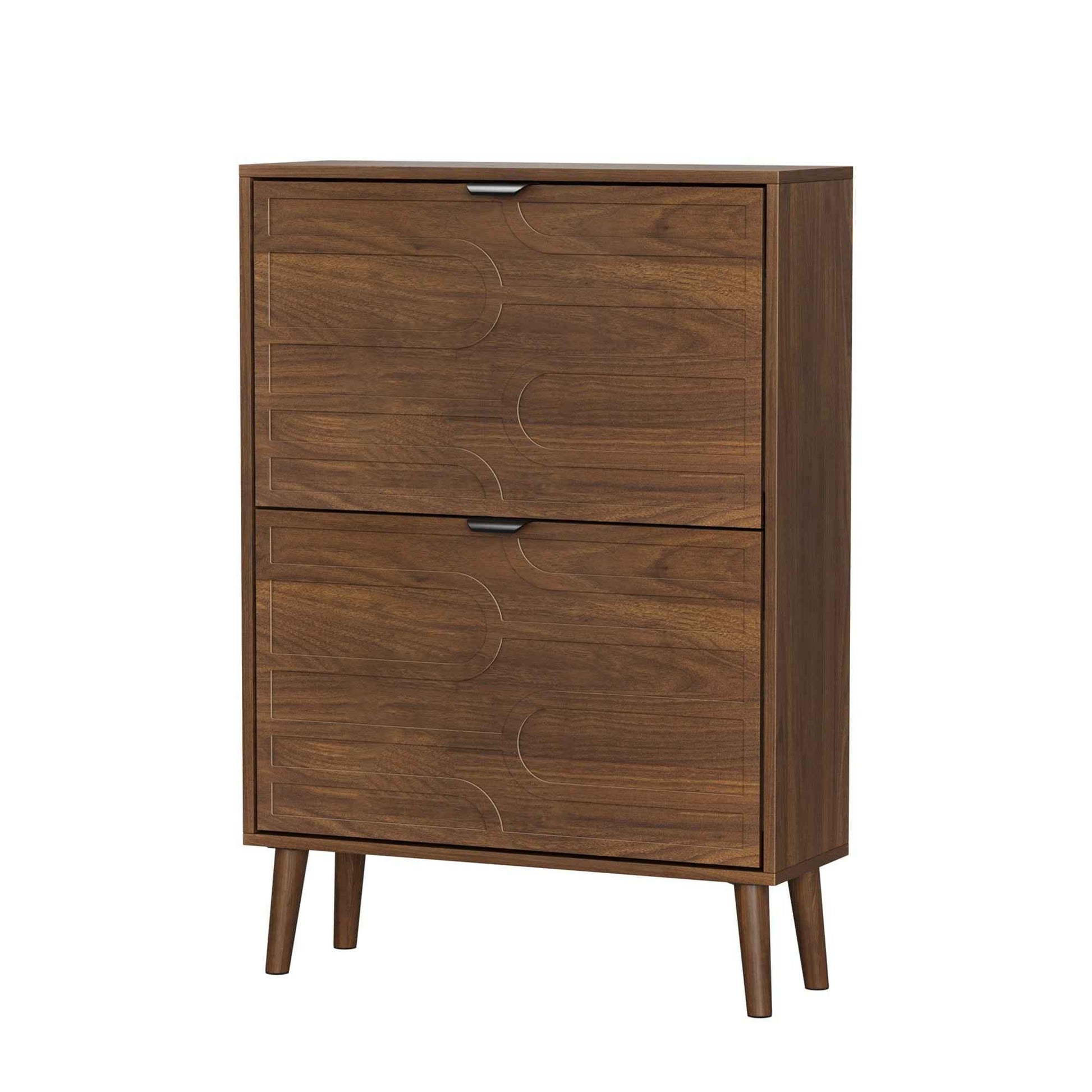 Medieval Modern Independent Shoe Cabinet, 23.62-inch Walnut Storage Unit with 2 Flip Drawers, MDF and Particle Board Construction