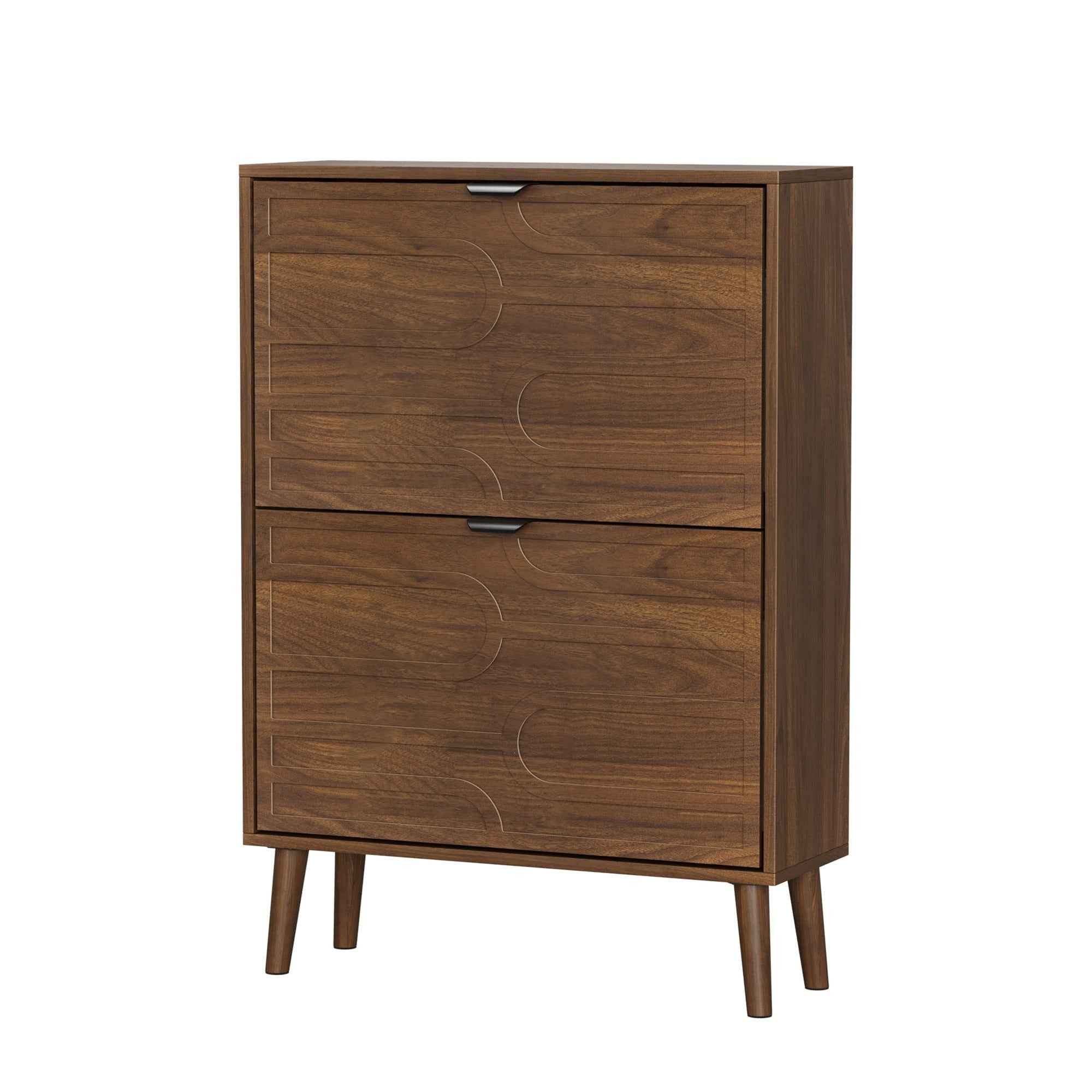 Medieval Modern Independent Shoe Cabinet, 23.62-inch Walnut Storage Unit with 2 Flip Drawers, MDF and Particle Board Construction