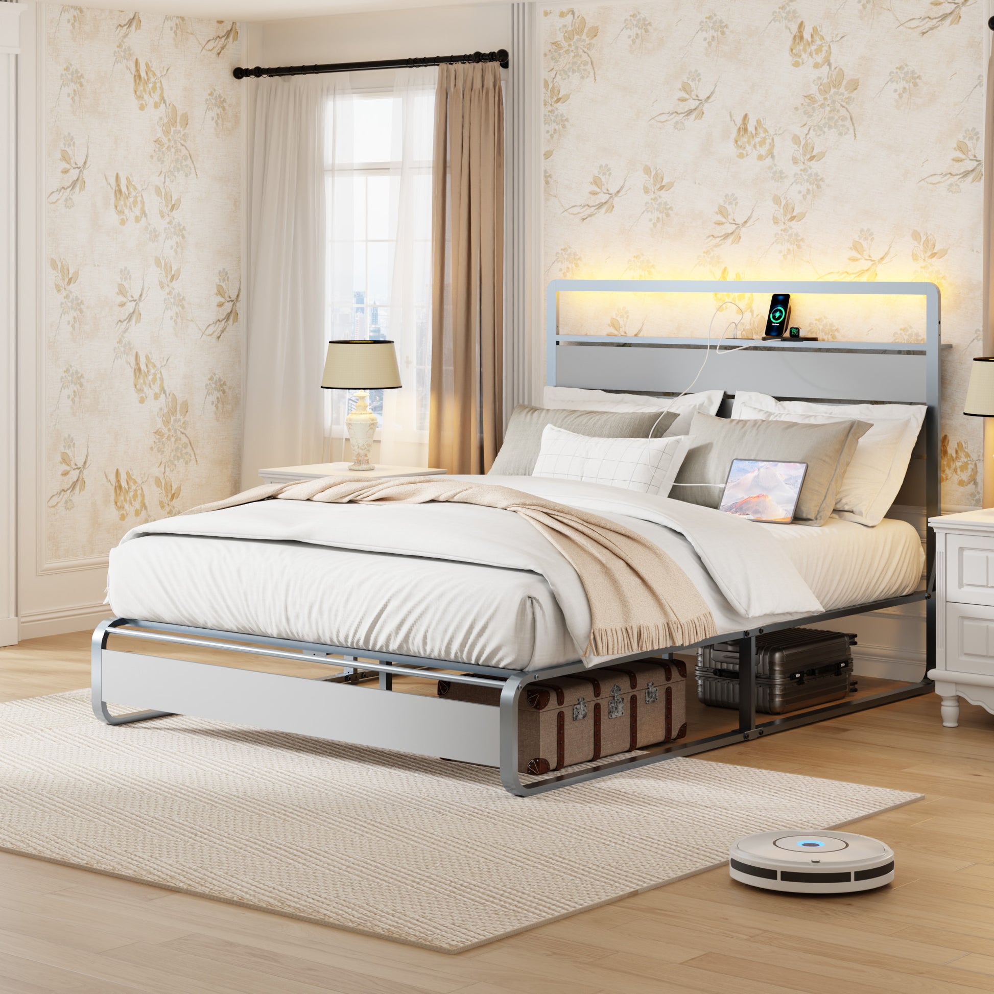 Queen Size Bed Frame with Headboard, Metal Platform Bed Frame with Charging Station, Heavy Duty Platform Bed Frame with LED, Easy Assembly, Silver - Abrihome