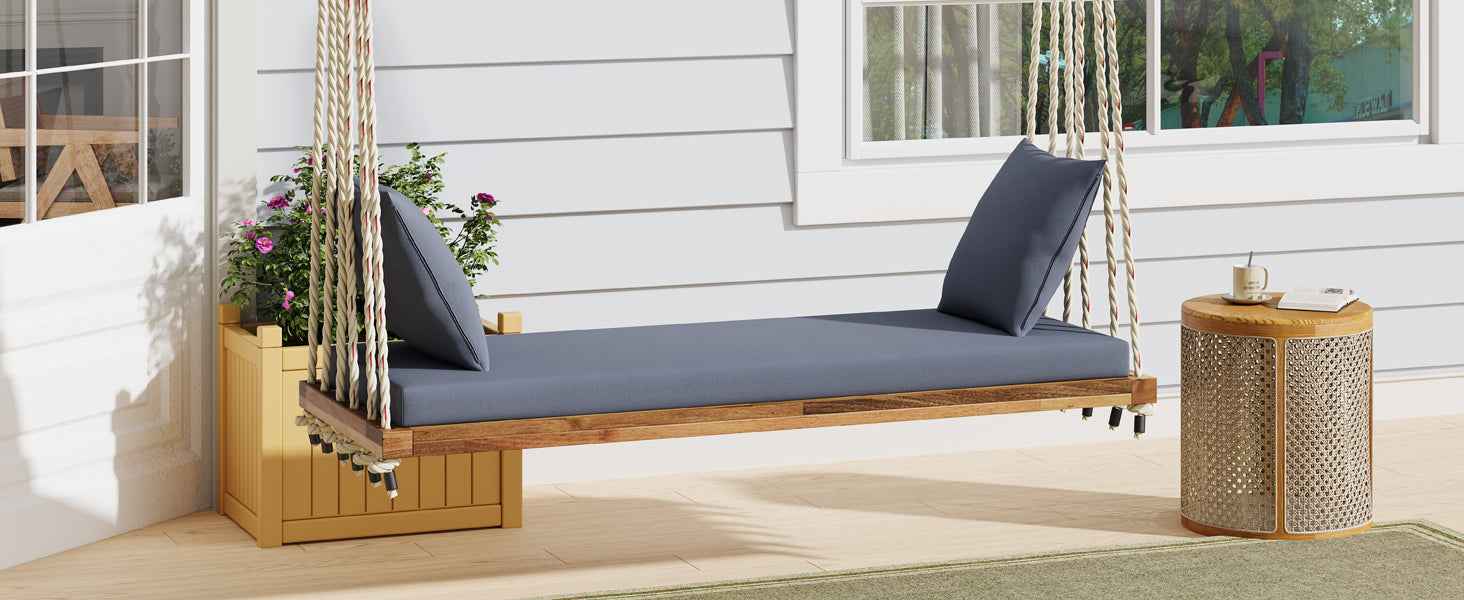 TOPMAX Patio Wooden Swing Chair, Hanging Porch Swing Bench with Cushion&Pillows, 10.8Ft Hemp Ropes for Garden,Backyard, Lawn,Natural