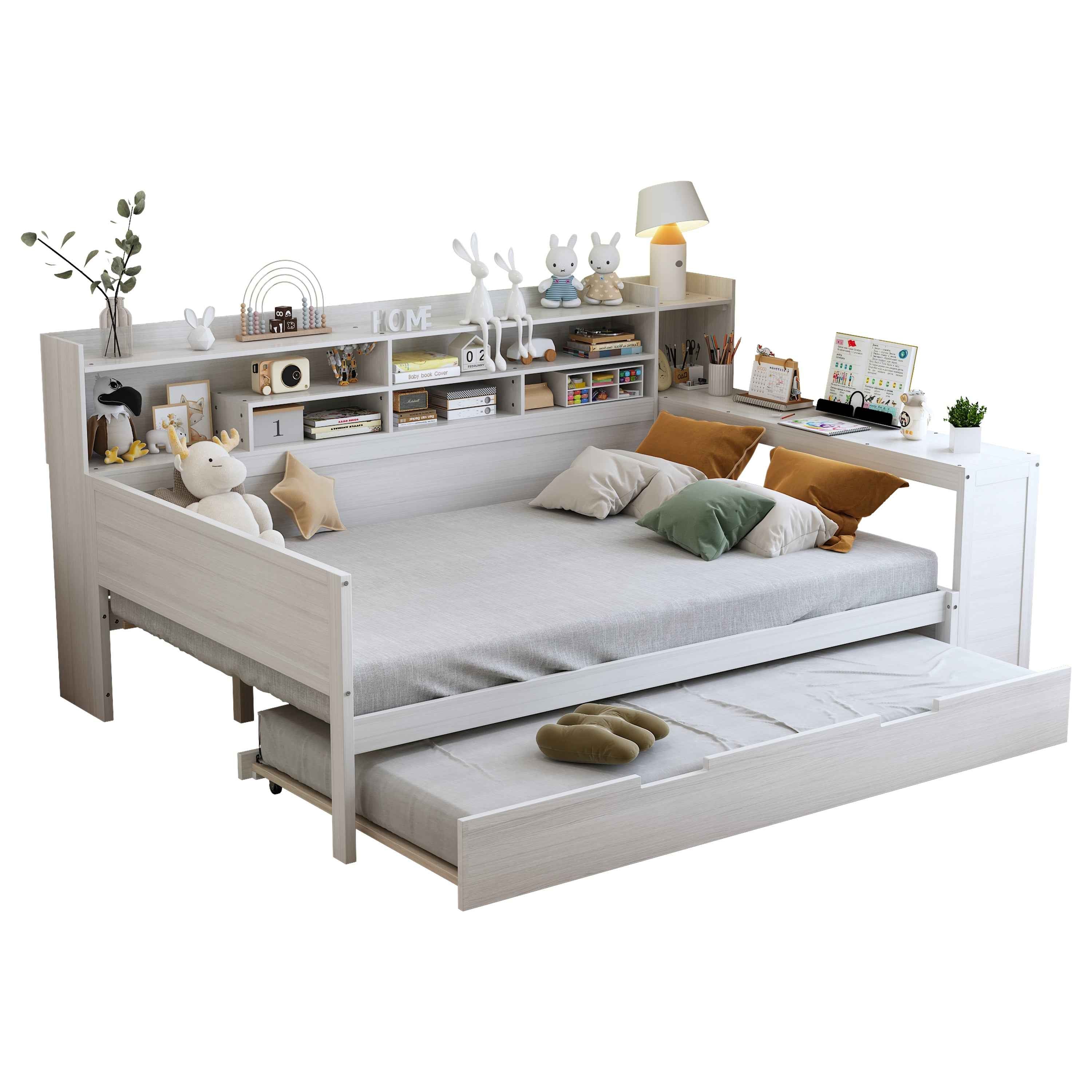 Wooden Full Size Daybed with Storage Shelves, Multi-functional Bed with Twin Size Trundle Bed and  Study Desk, Antique White