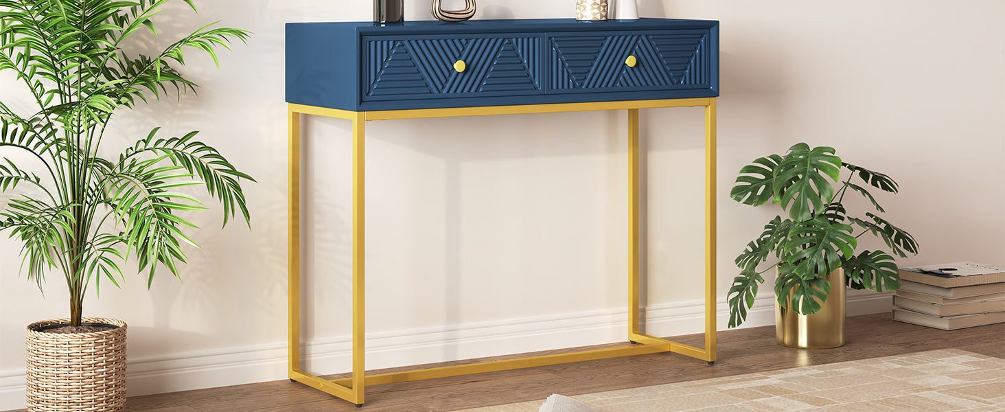 TREXM Modern Sleek Console Table Two Drawers with Stripe Design for Living Room and Entryway (Navy)