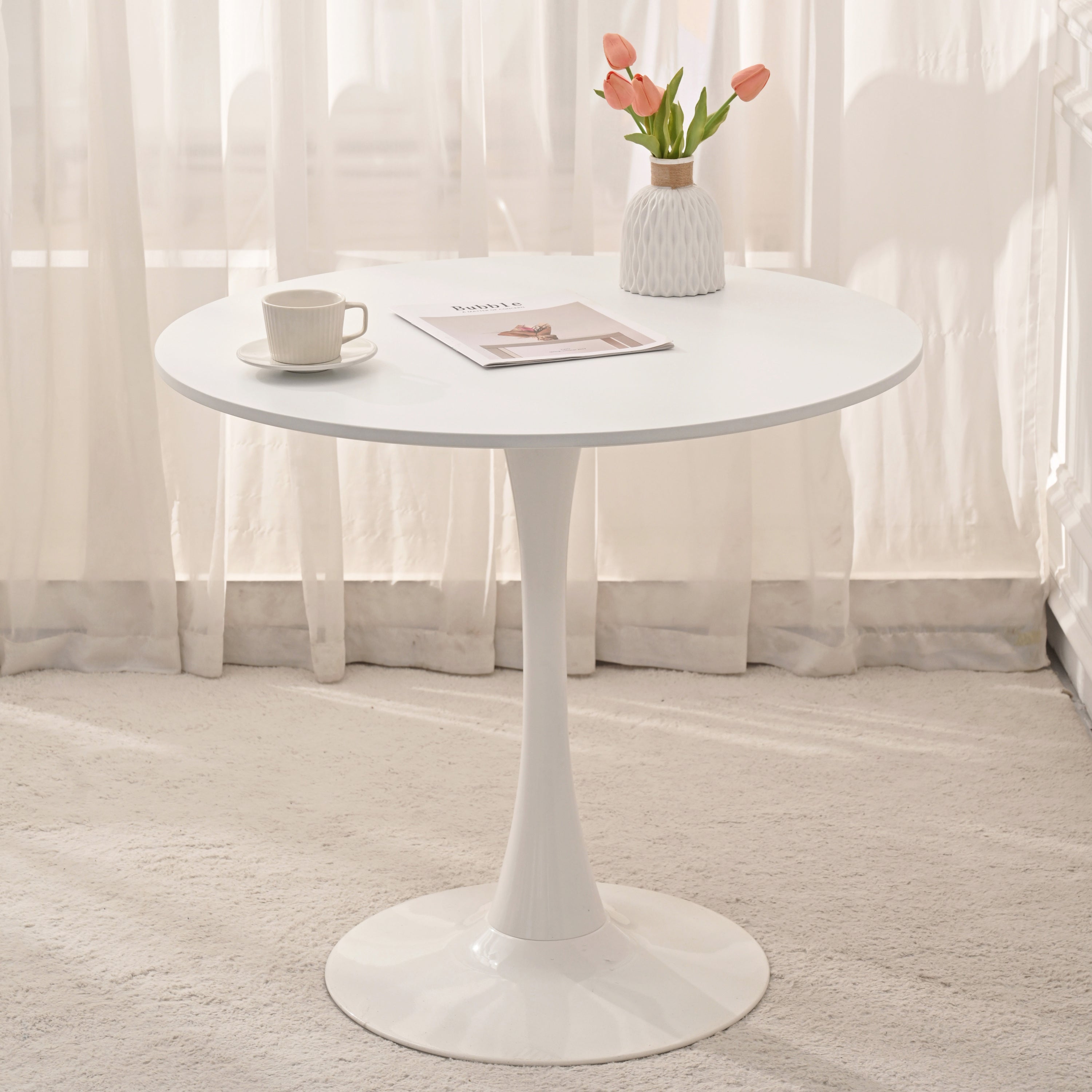 31.5" Round Dining Table, Mid-Century White Tulip Table, Metal Base Pedestal Table for 2-4 Person,Easy Assembled Leisure Coffee Table