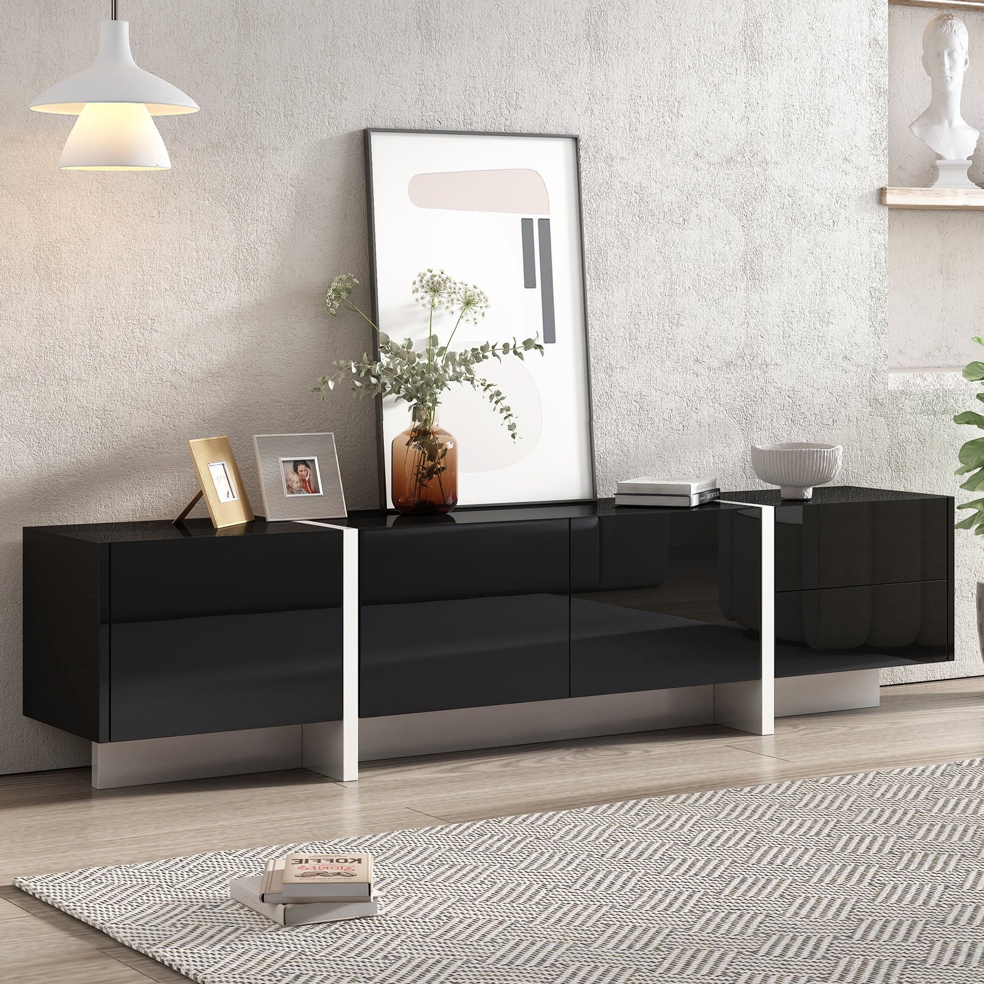 ON-TREND White & Black Contemporary Rectangle Design TV Stand, Unique Style TV Console Table for TVs Up to 80'', Modern TV Cabinet with High Gloss UV Surface for Living Room. - Abrihome
