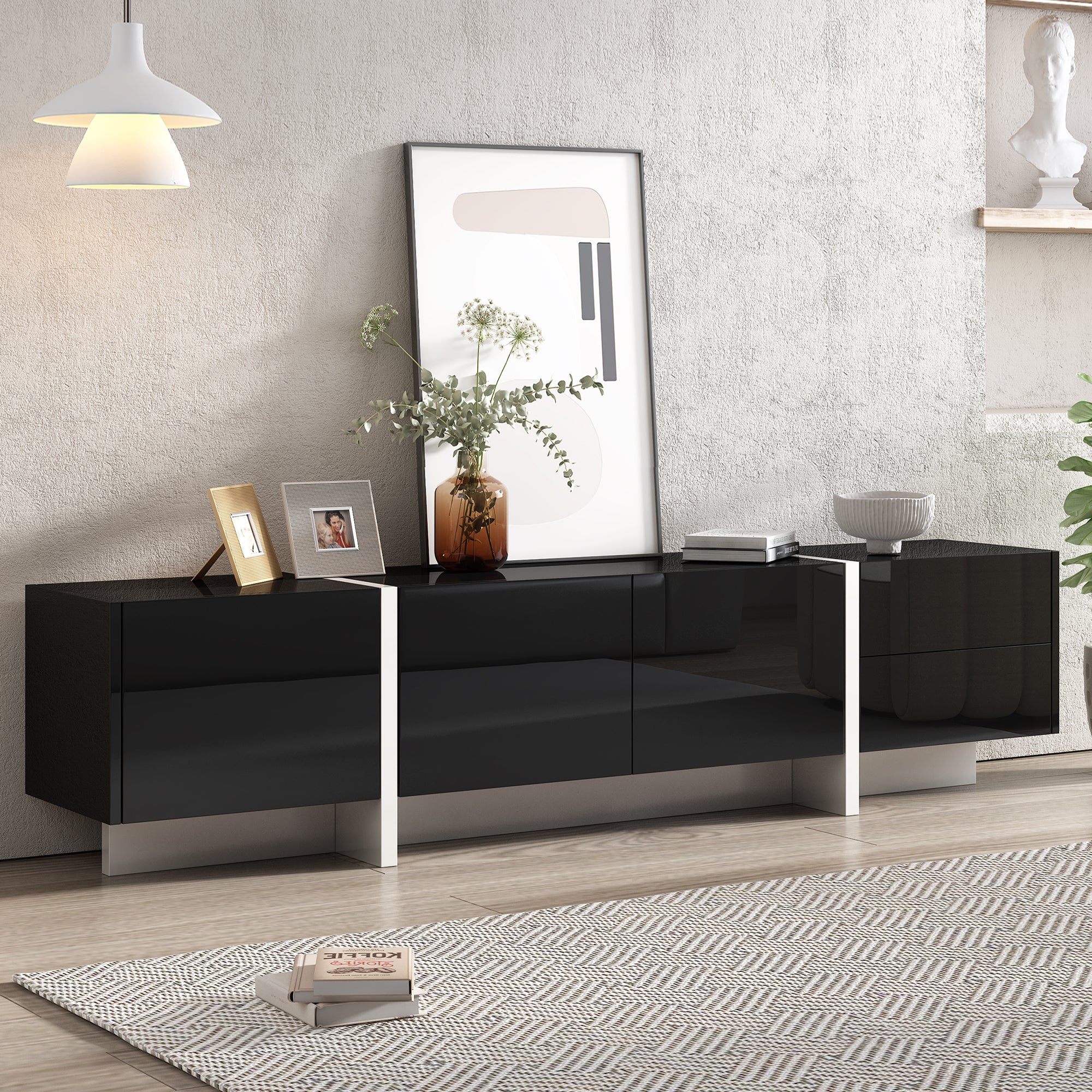 ON-TREND White & Black Contemporary Rectangle Design TV Stand, Unique Style TV Console Table for TVs Up to 80'', Modern TV Cabinet with High Gloss UV Surface for Living Room. - Abrihome