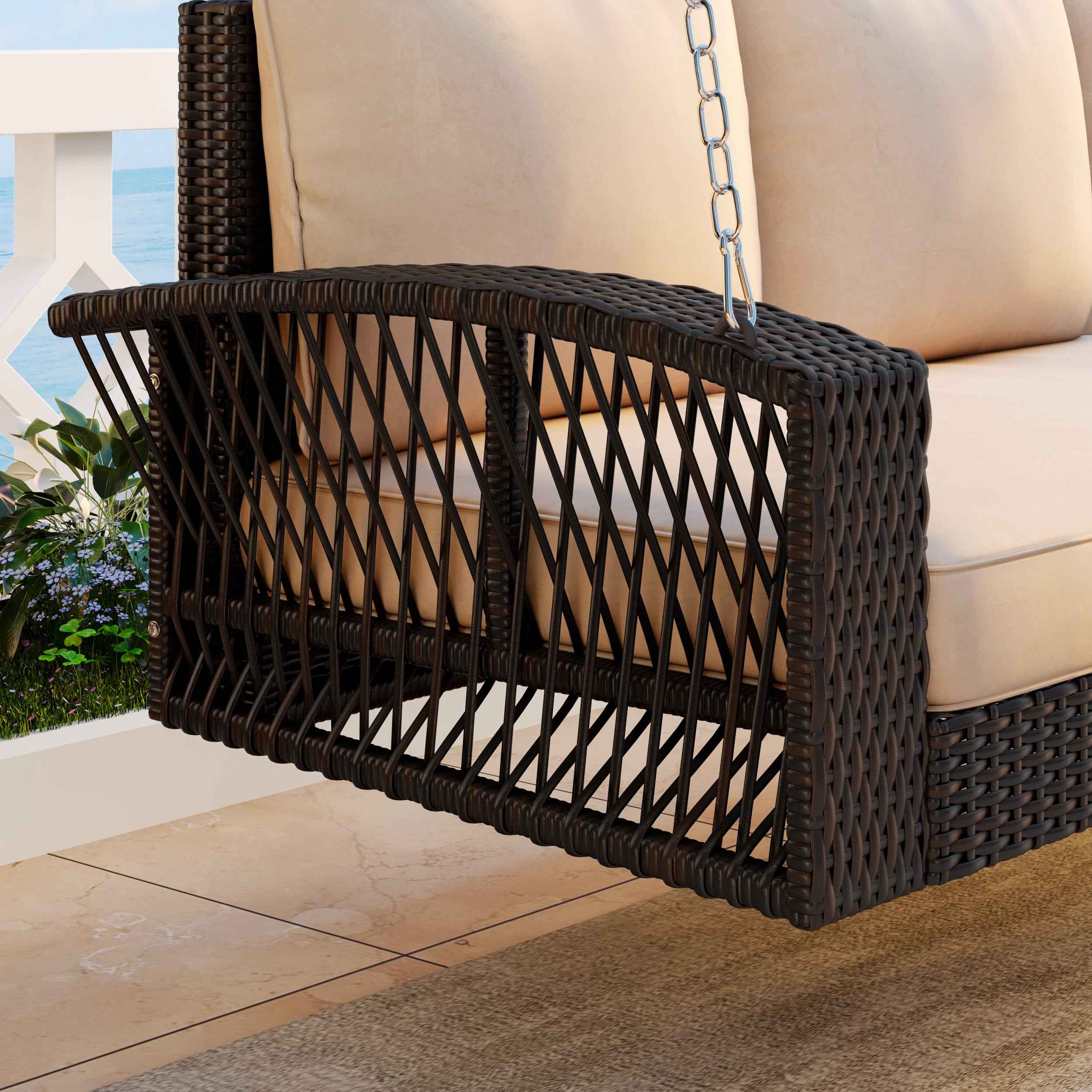 GO 69' PE Wicker 3-Person Porch Swing with Chains, Large Patio Swing Bench with Cushions for Backyard, Garden, and Poolside, Brown