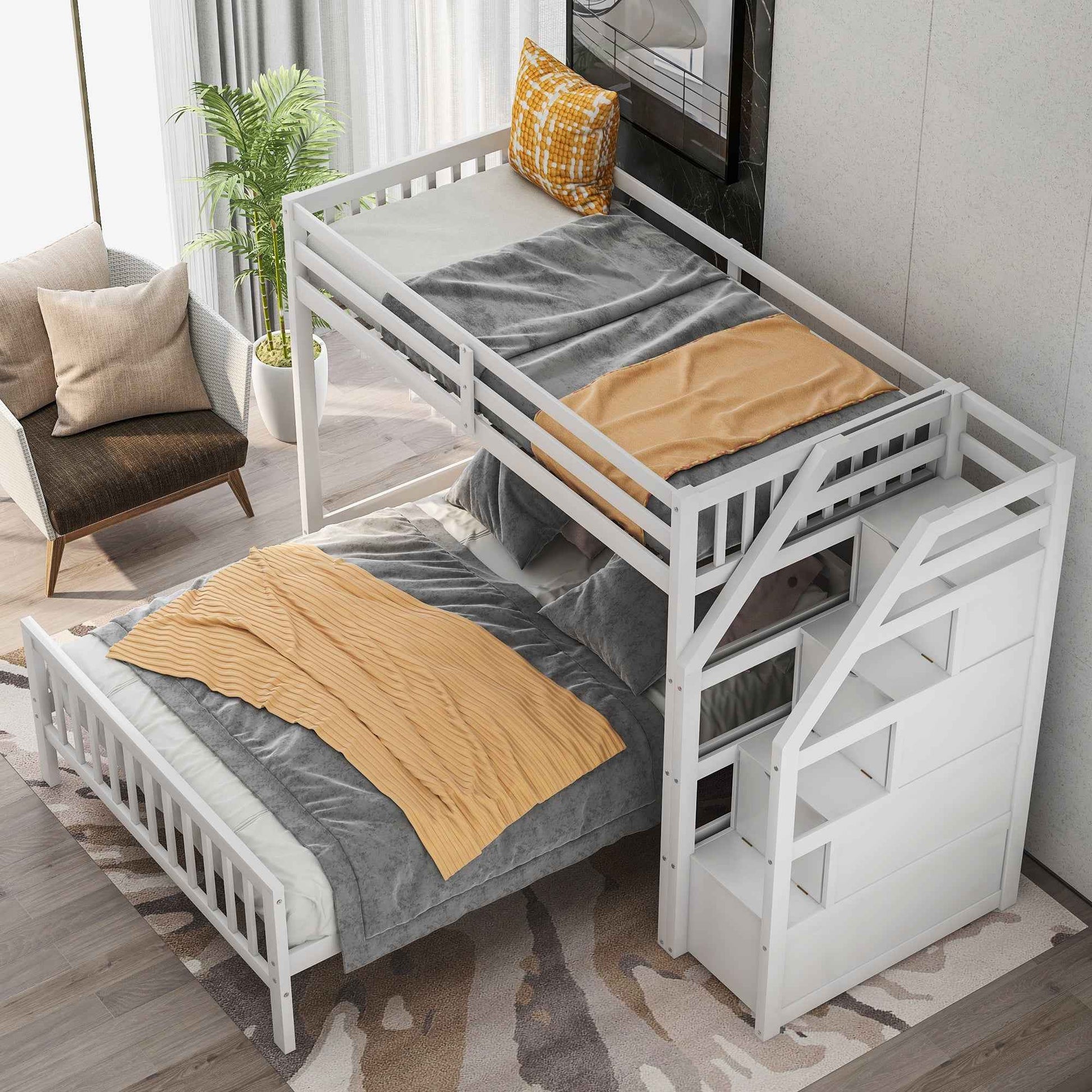 White Twin over Full Loft Bed with Staircase and Storage, Pine Wood + MDF, 97.2''L x 78.4''W x 61.4''H