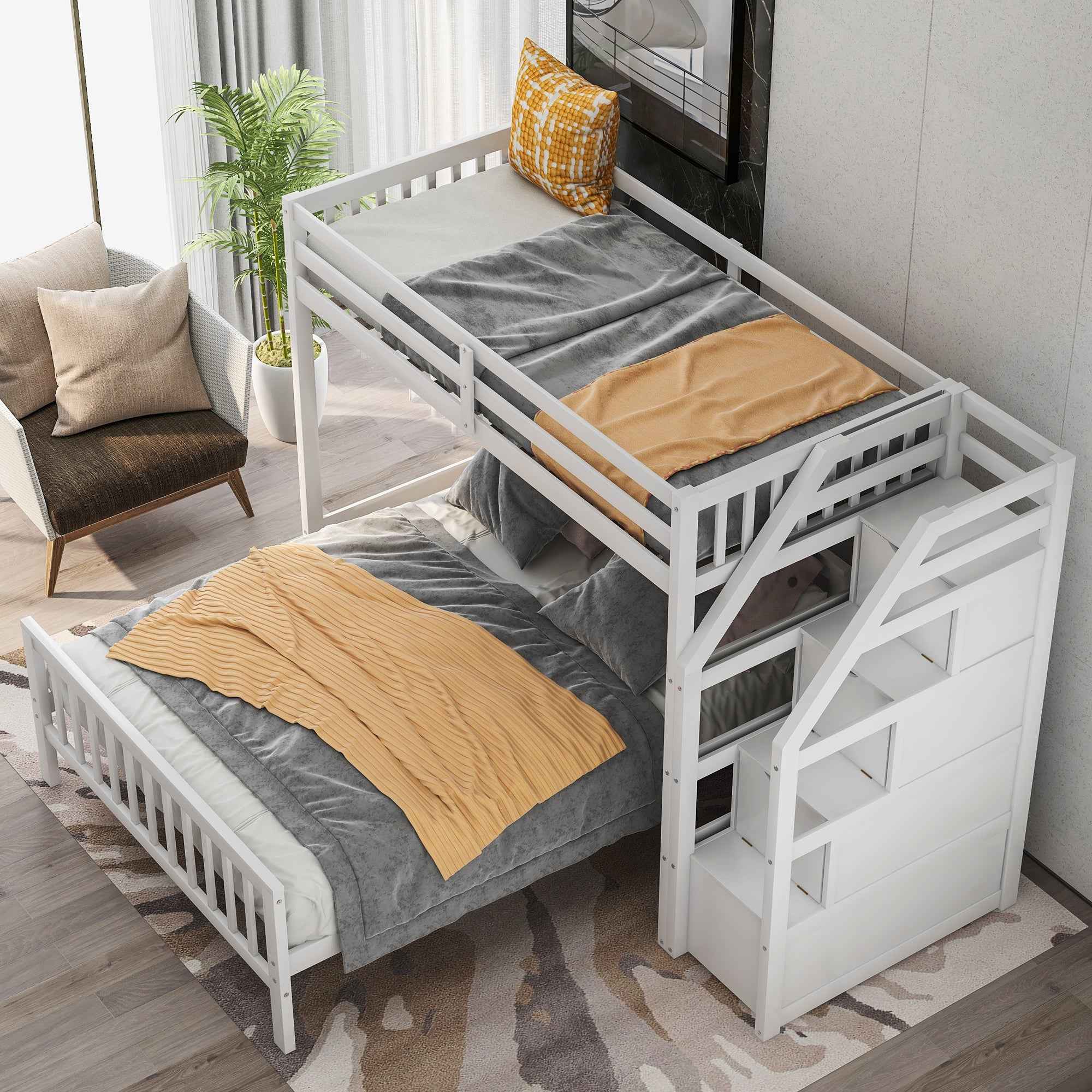 White Twin over Full Loft Bed with Staircase and Storage, Pine Wood + MDF, 97.2''L x 78.4''W x 61.4''H