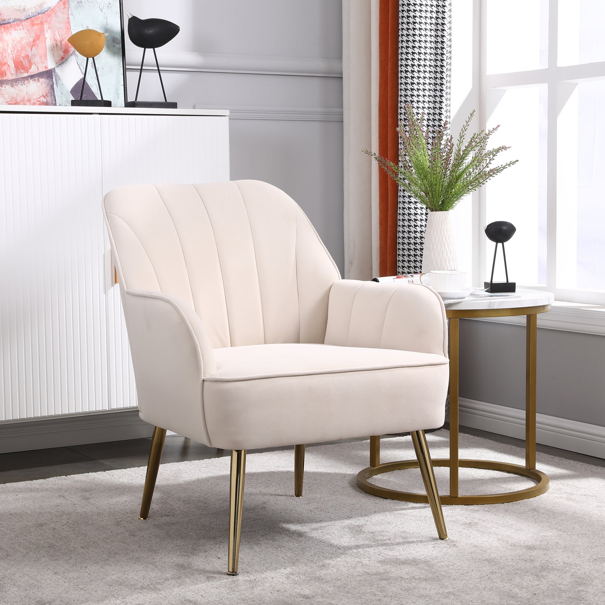 Modern Mid Century Chair velvet  Sherpa Armchair for Living Room Bedroom Office Easy Assemble(BEIGE) - Abrihome