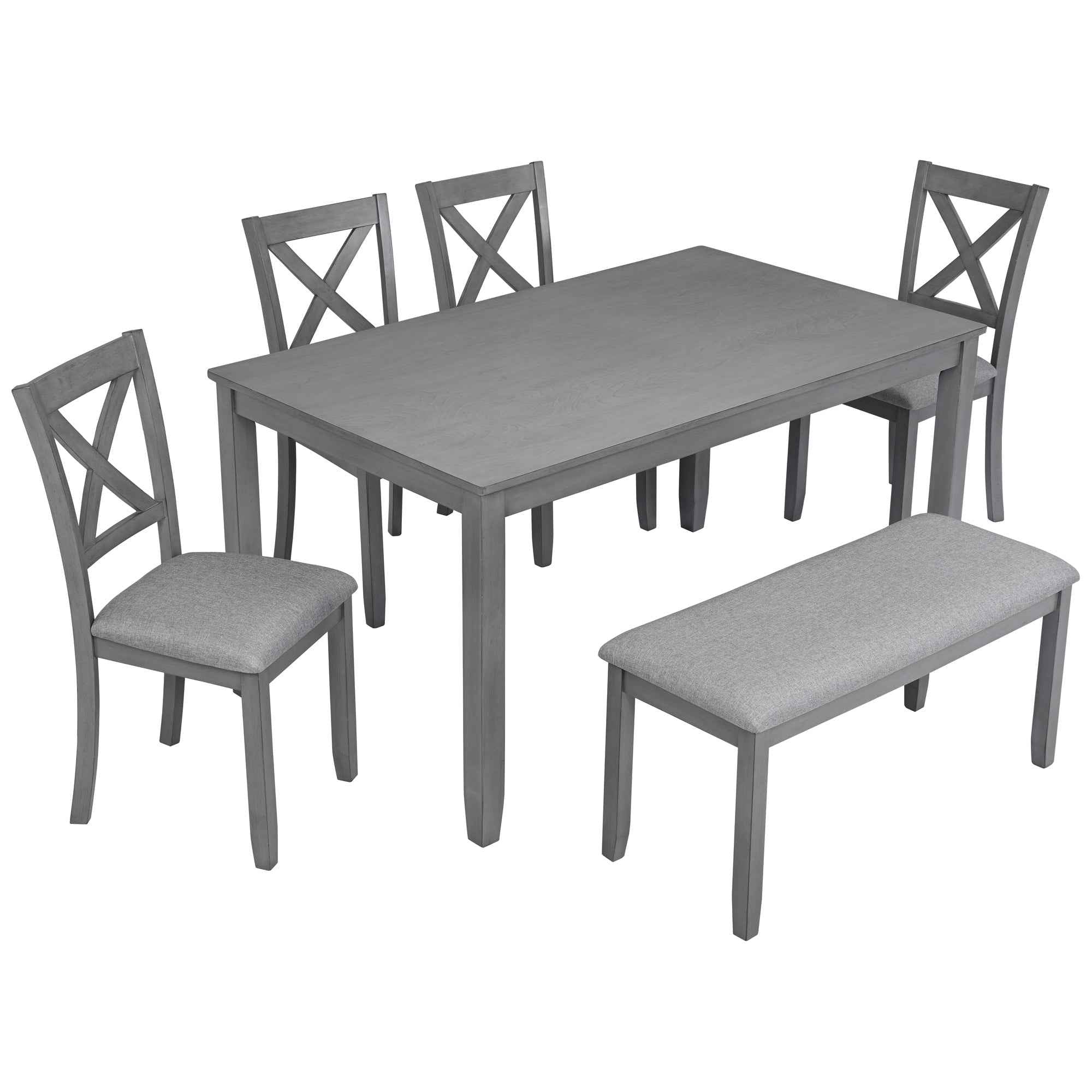 6PCs Kitchen Dining Set, Rectangular Wooden Dining Table with 4 Upholstered Chairs and a Bench, Dining Table Set for 6 People, Living Room, Home Bar and Kitchen, Gray