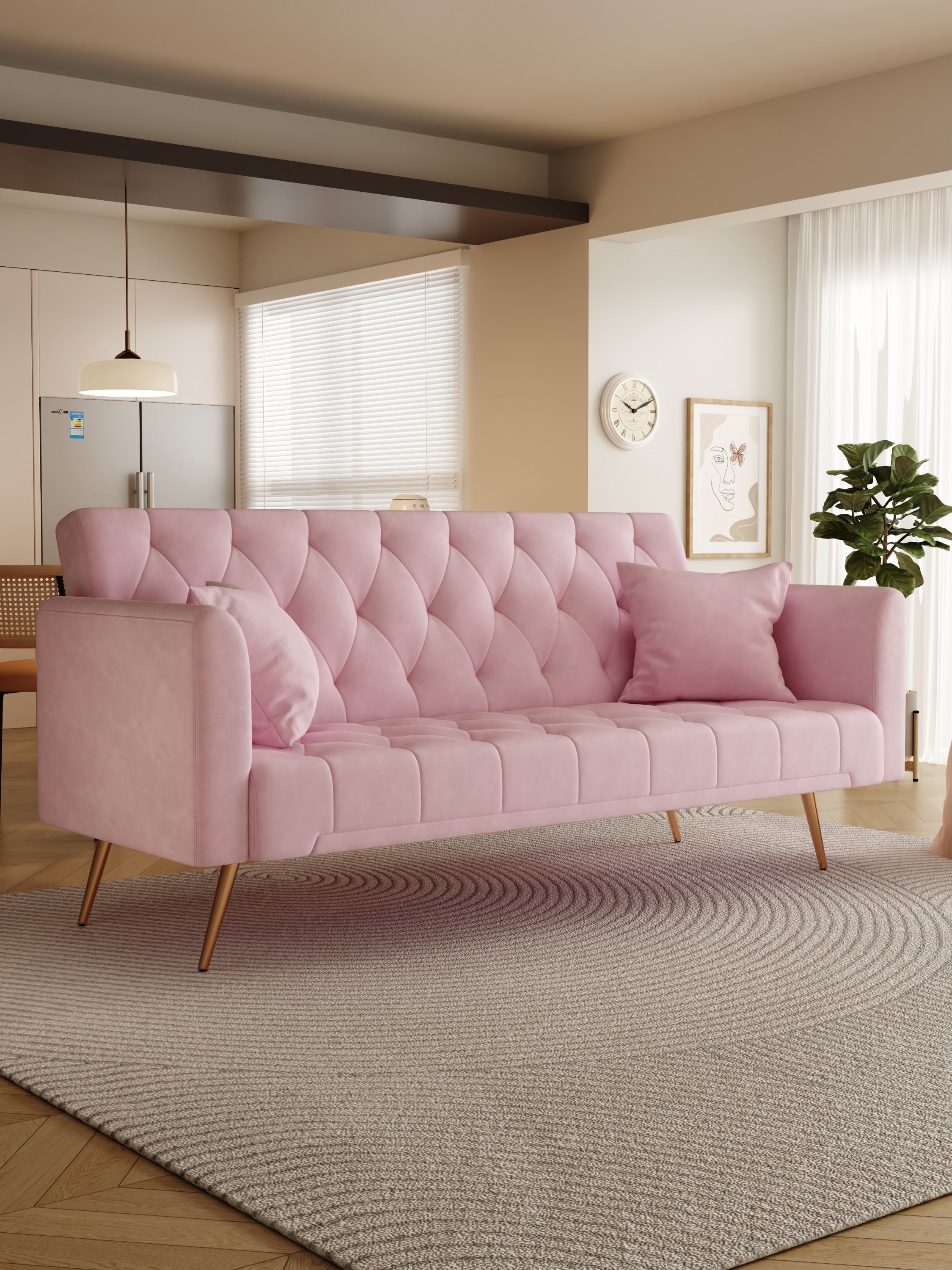 71 inch convertible love seat sofa, American retro pink velvet, suitable for small living room, bedroom, office