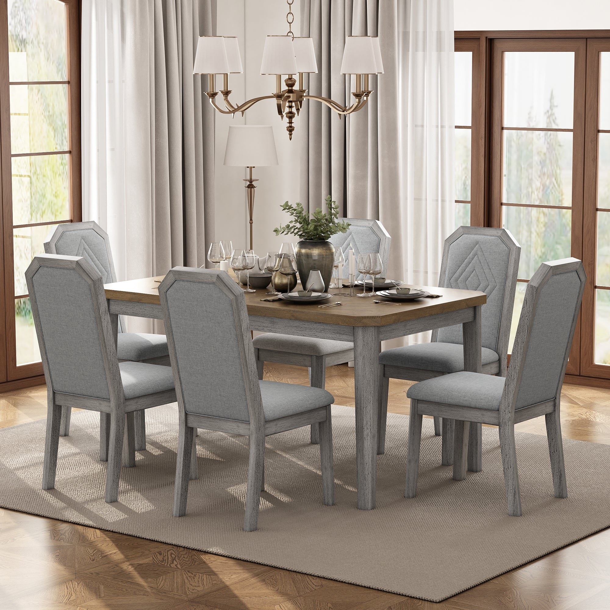 TREXM 7-Piece Farmhouse Dining Set Classic Rustic Table and 6 high-back design Chairs for Dining Room, Kitchen (Brown+Gray)