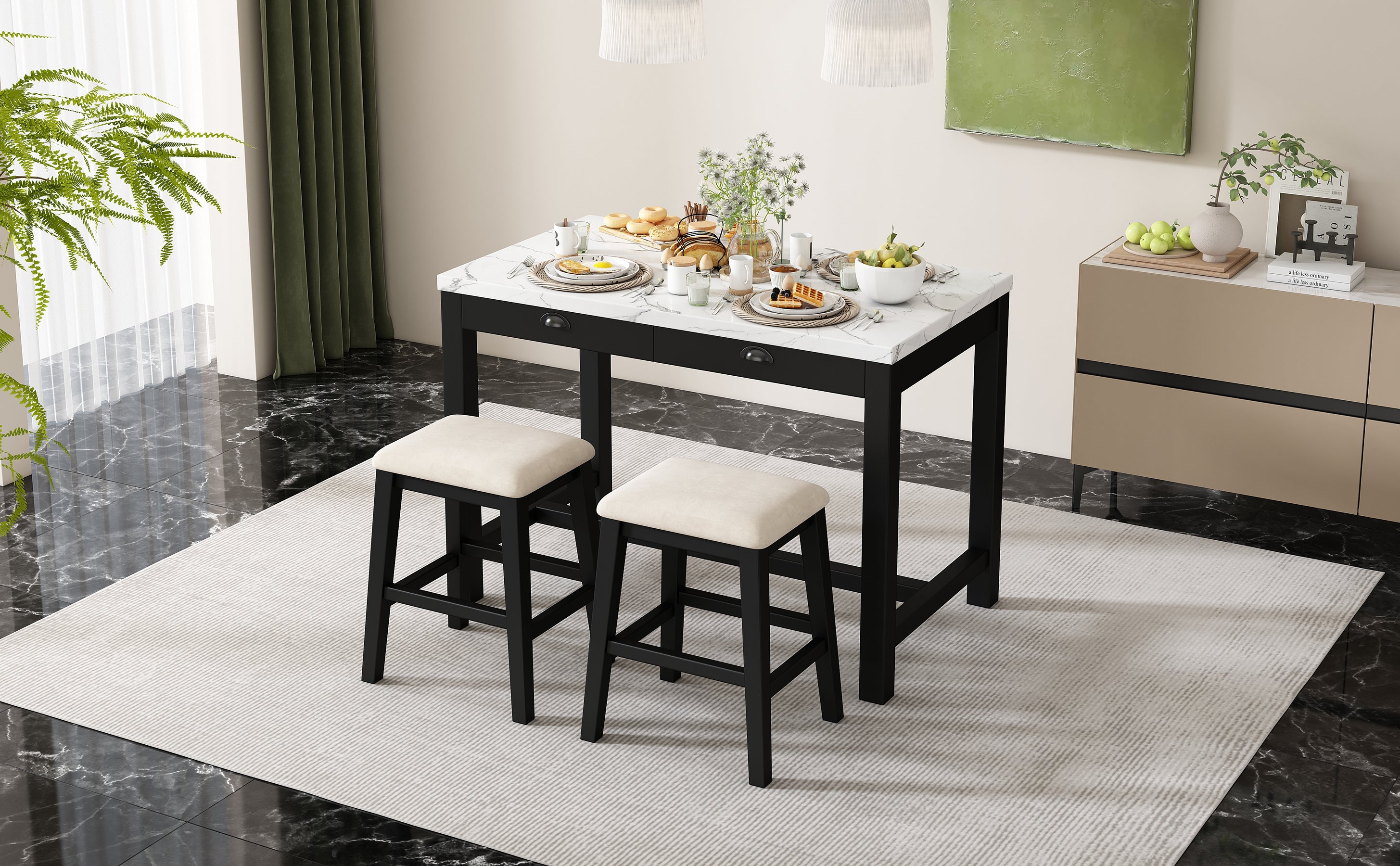 TREXM 3-Piece Modern Faux Marble Versatile Bar Table Set with Storage Drawers and Padded Stools, Ideal for Space-Saving Dining Nooks or Small Kitchens (Black)