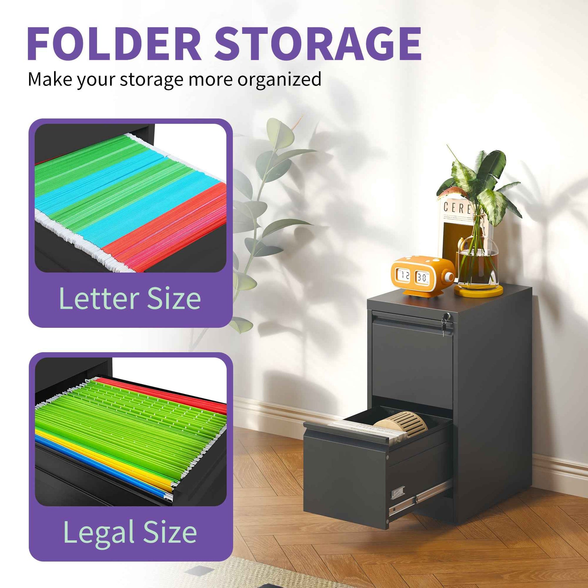 Black Steel 2 Drawer Vertical File Cabinet with Lock for A4 Legal/Letter Size