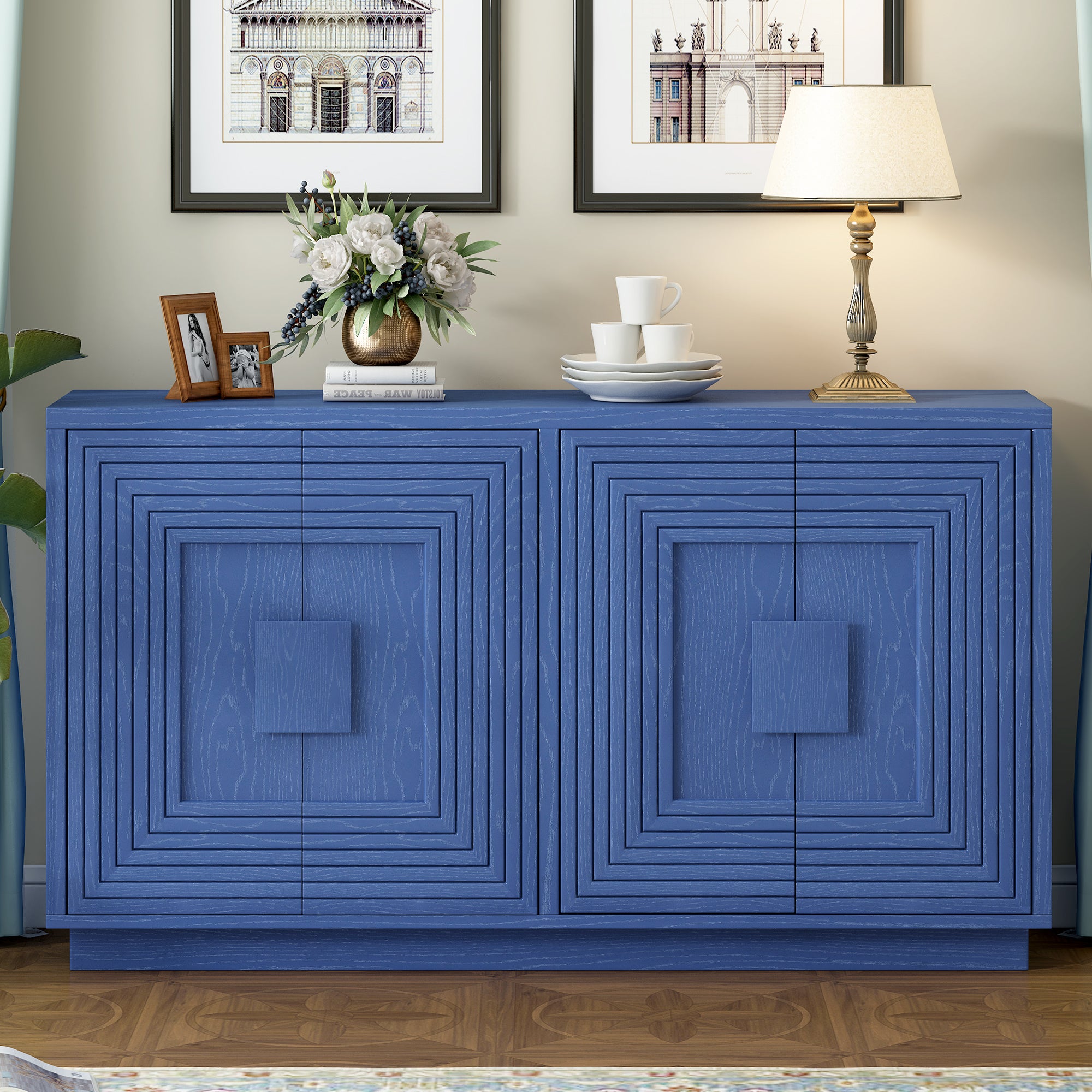 TREXM Vintage Distressed 4-Door Sideboard with Adjustable Shelves and Geometric Pattern for Dining Room, Kitchen and Living Room (Navy Blue)