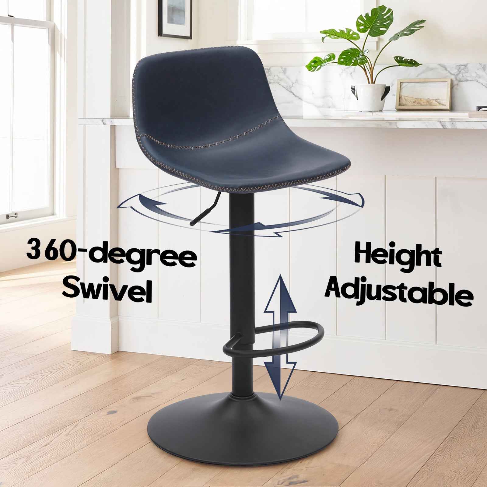 Adjustable Bar Stools Set of 2, Mid Century Modern Swivel Bar Stools, Industrial Bar Height Stools With Back Support Counter Height Bar Chairs Pu Leather Bar Stool for Kitchen Island Rustic Barstools