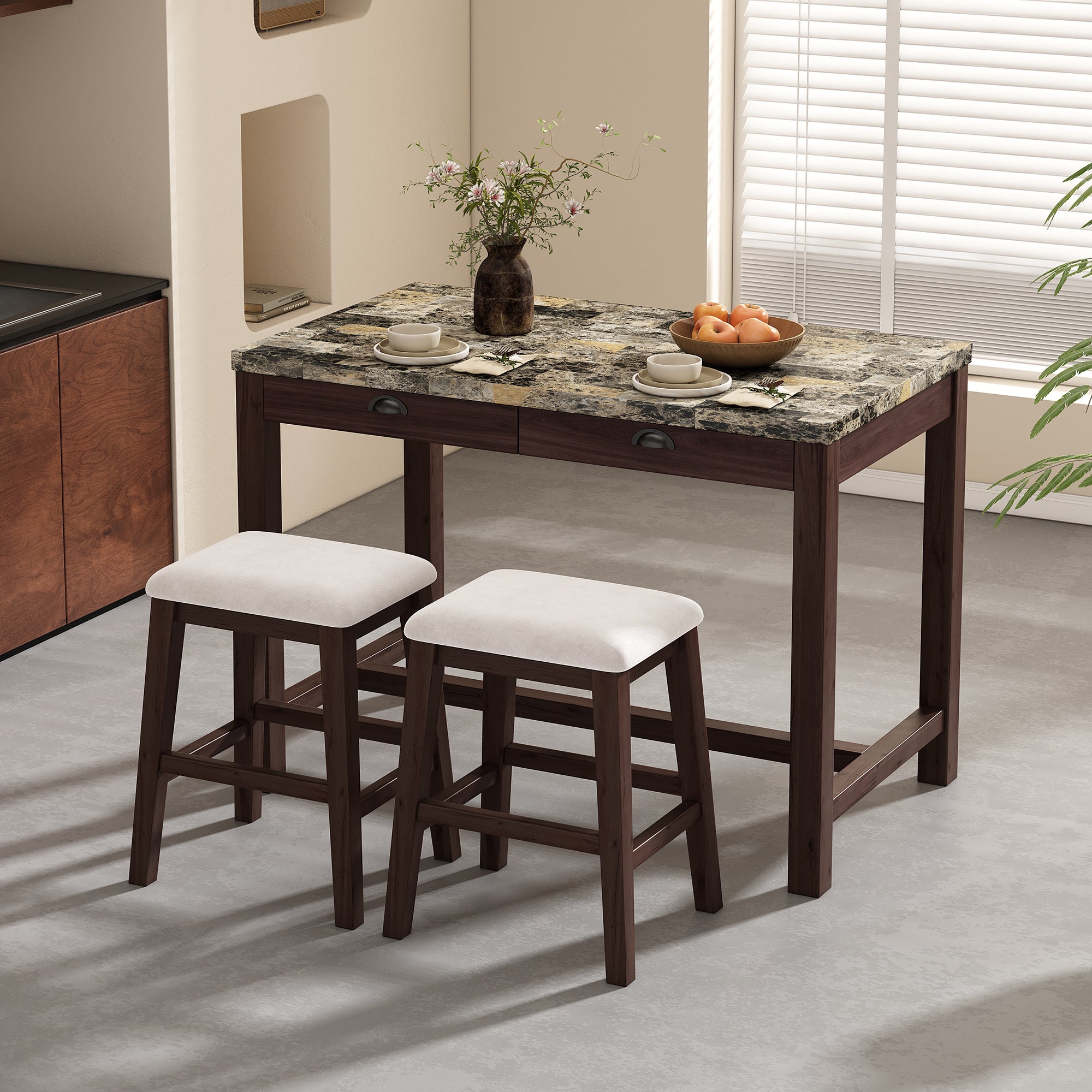 TREXM 3-Piece Modern Faux Marble Versatile Bar Table Set with Storage Drawers and Padded Stools, Ideal for Space-Saving Dining Nooks or Small Kitchens (Walnut)