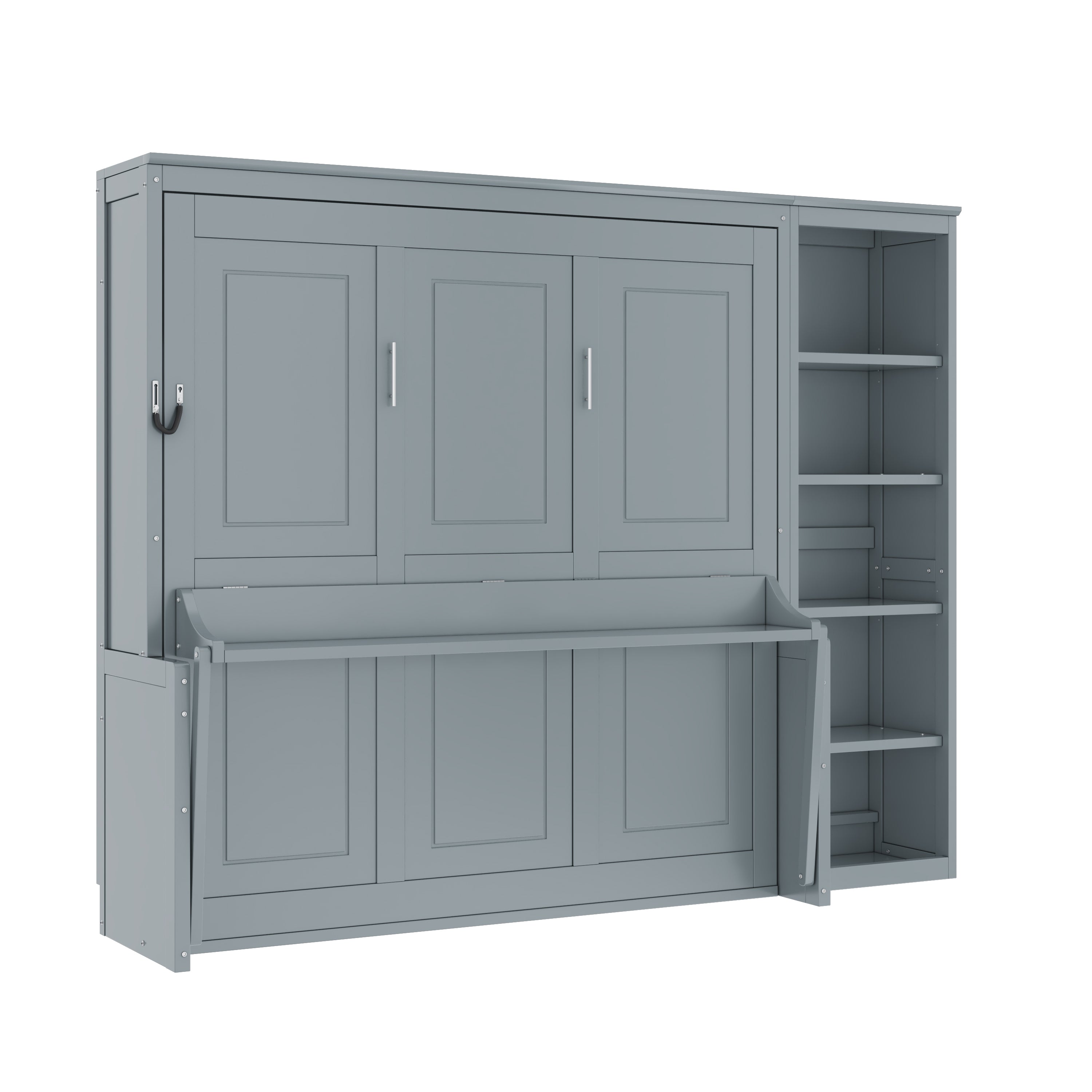 Gray Queen Size Murphy Bed with Desk and Bookshelf, Pine Wood + MDF, Space-Saving Design for Small Rooms