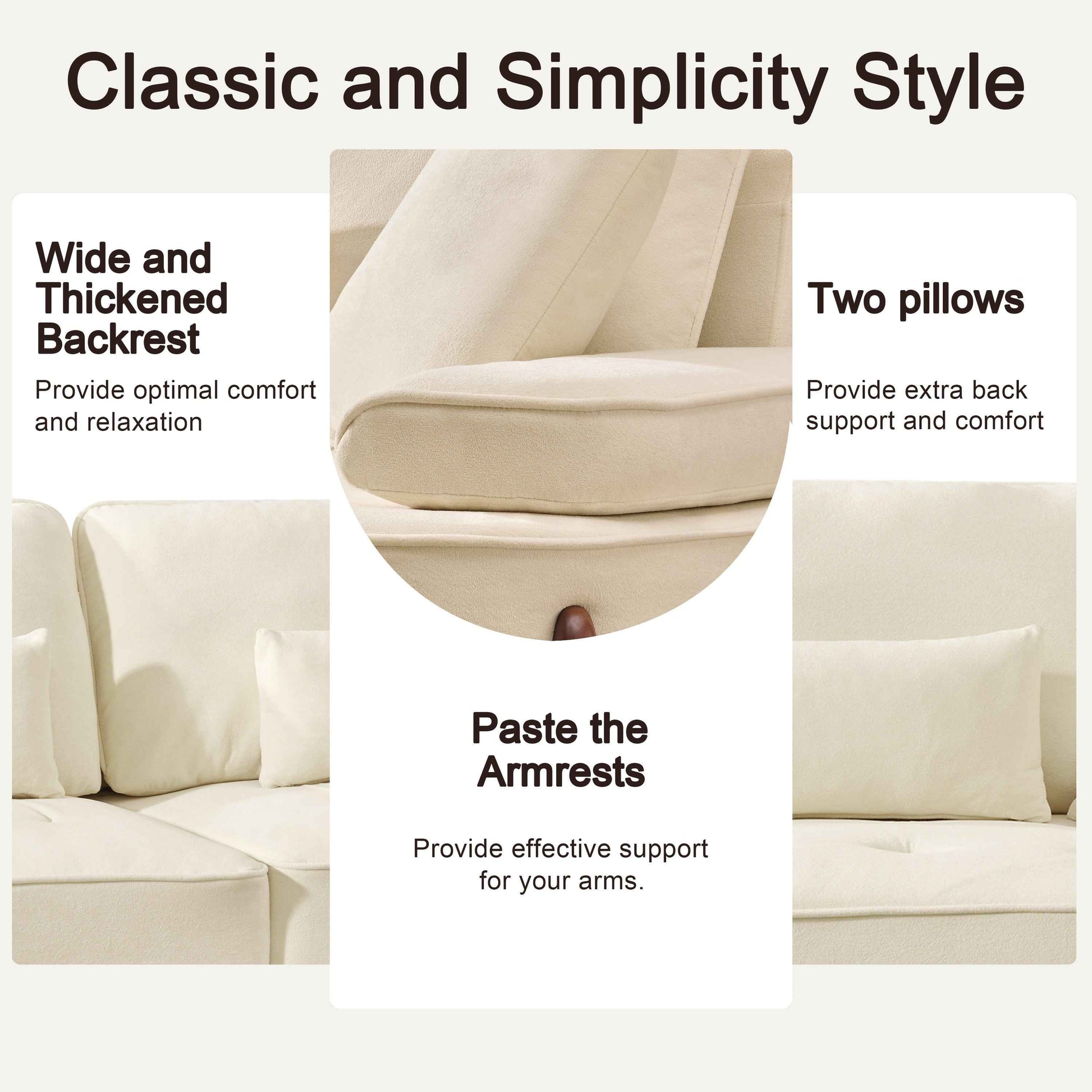 103 Inch Comfortable Deep Seated Sofa with Pillows in Beige Cloud Velvet Polyester for Bedroom, Living Room, Office