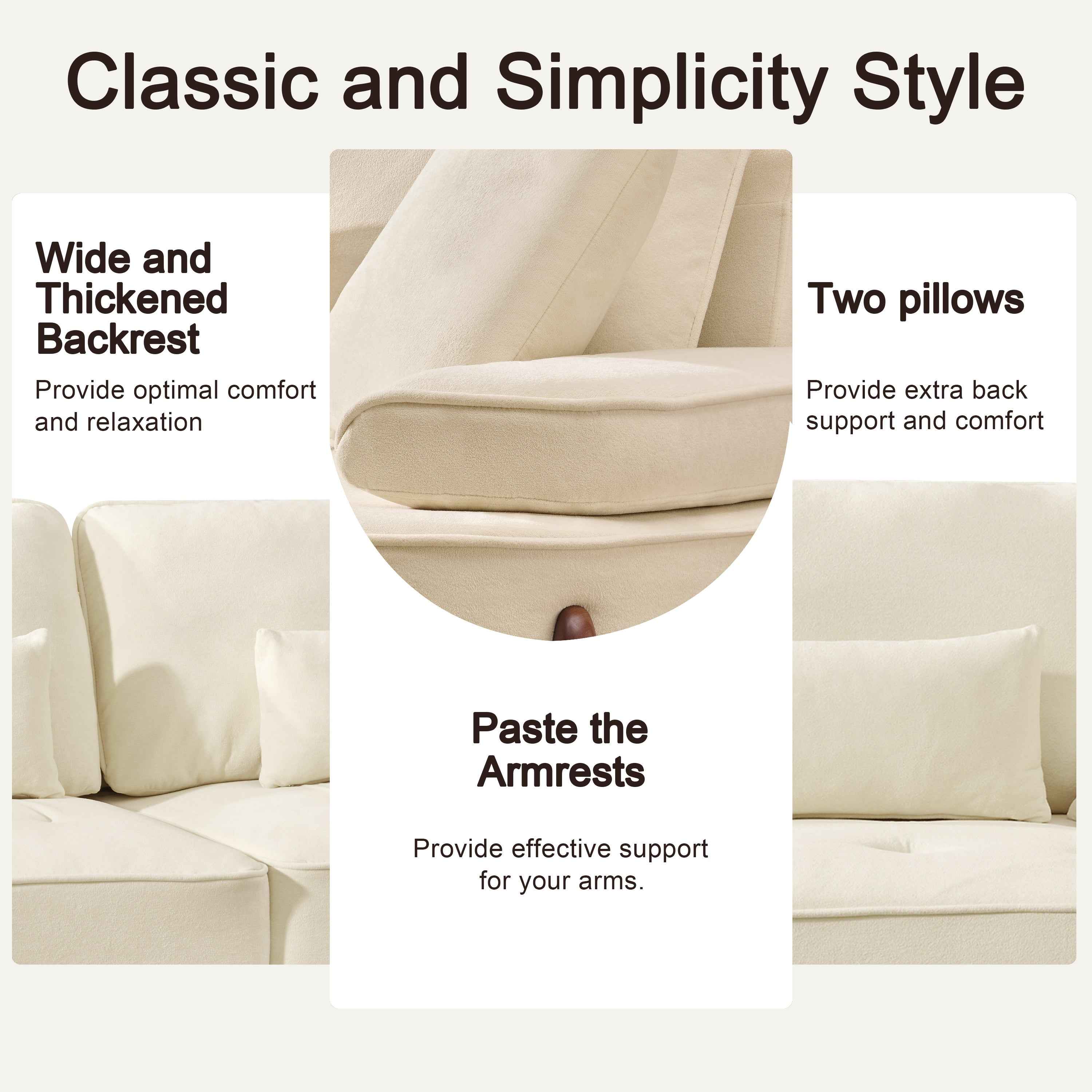 103 Inch Comfortable Deep Seated Sofa with Pillows in Beige Cloud Velvet Polyester for Bedroom, Living Room, Office