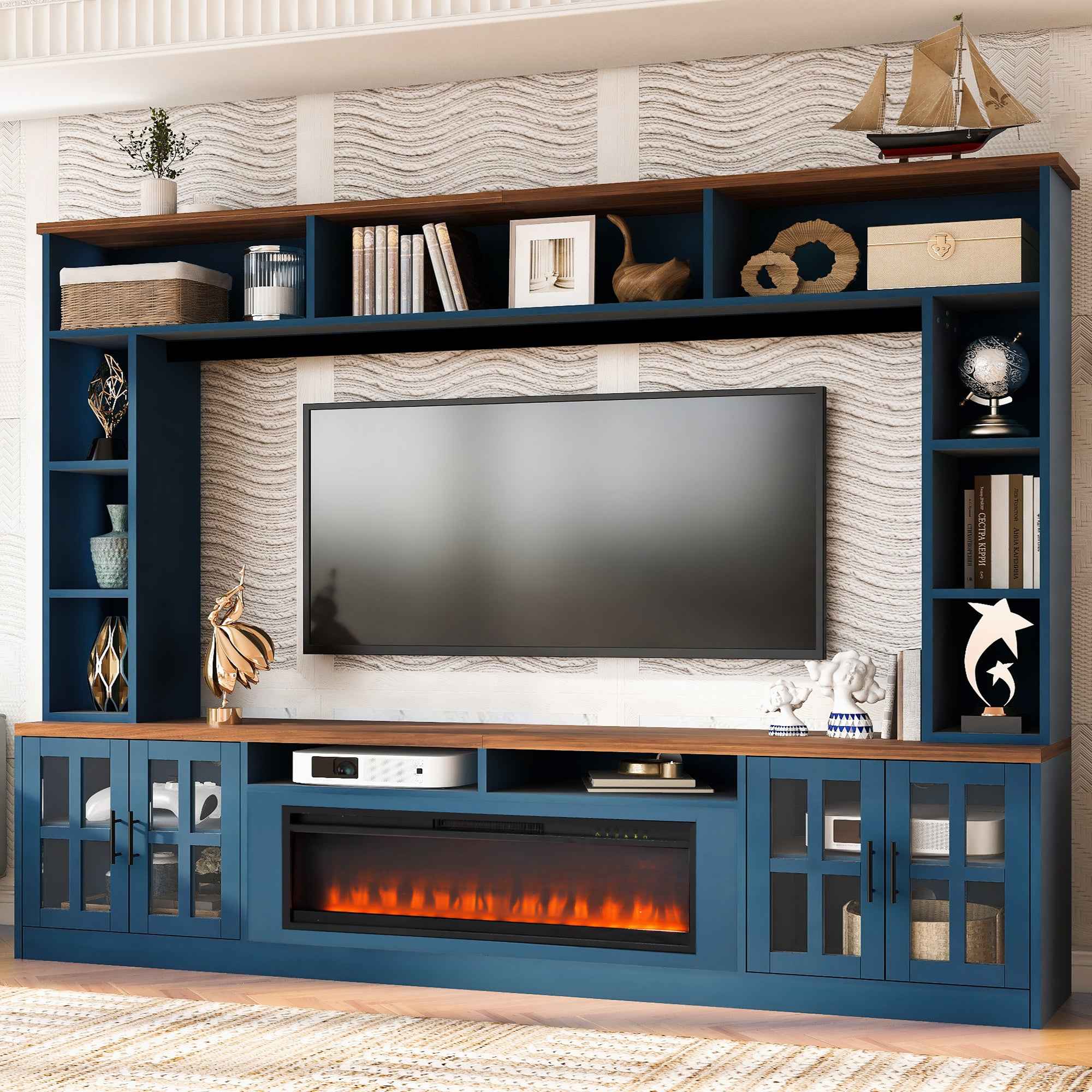 U-Can 95.5' W Wall Unit Entertainment Center with Bookshelves for TVs up to 80', Modern TV Stand Media Console with electric fireplace  Cabinets,  and Adjustable Shelves for Living Room