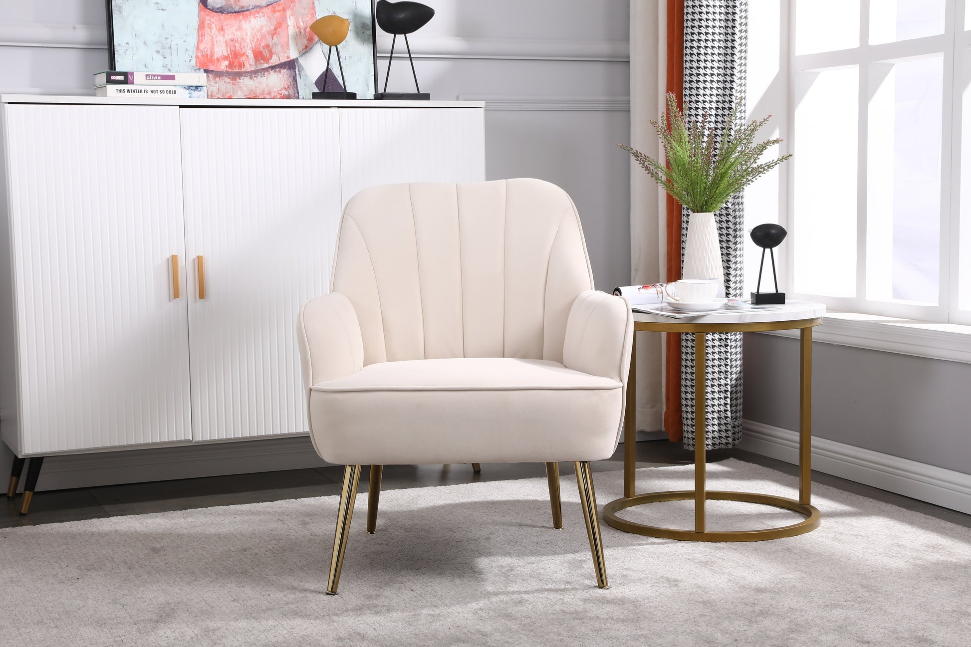 Modern Mid Century Chair velvet  Sherpa Armchair for Living Room Bedroom Office Easy Assemble(BEIGE) - Abrihome