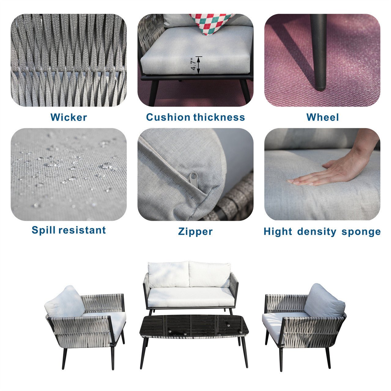 4-Seat Patio Aluminum Frame Wicker Sofa Set with Coffee Table (PAS-1649B) - Direct Wicker