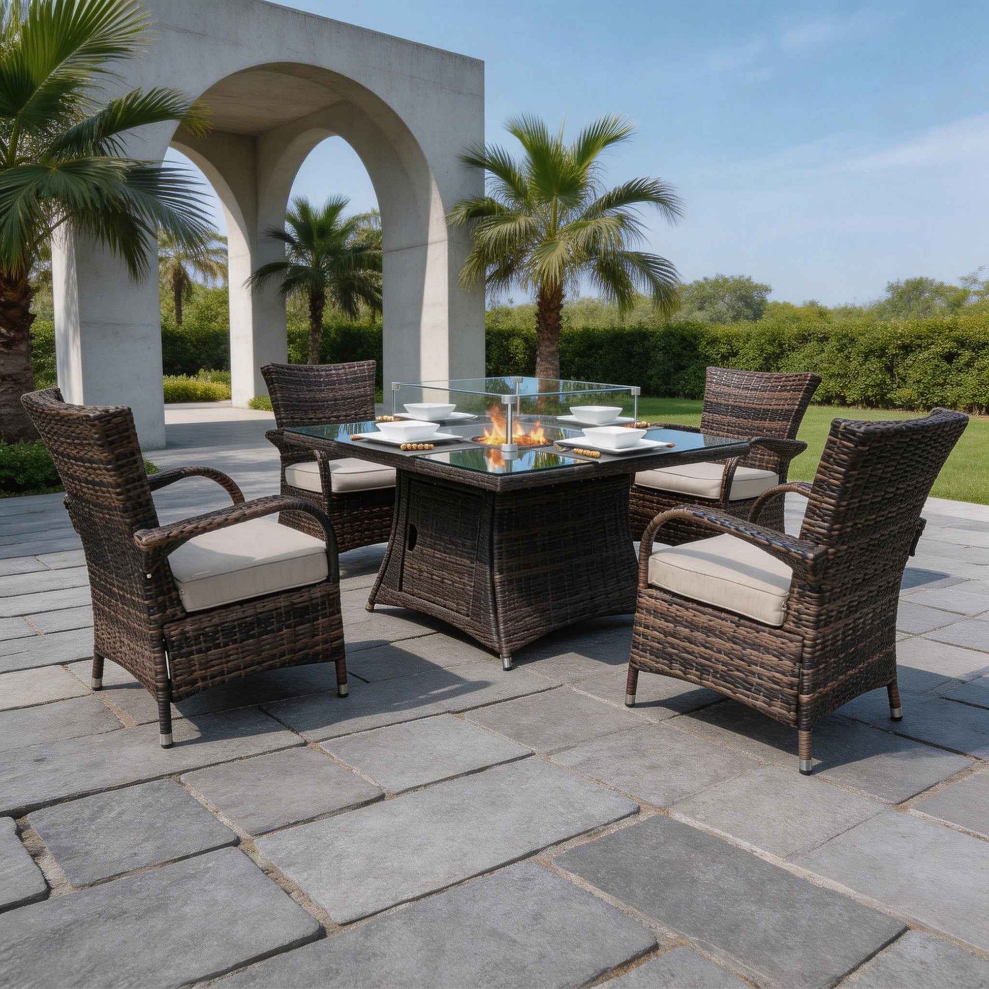 4-Seat Outdoor Fire Pit Set - Hampton Chairs with Cube Fire Pit Table (PAG-1104+1122)