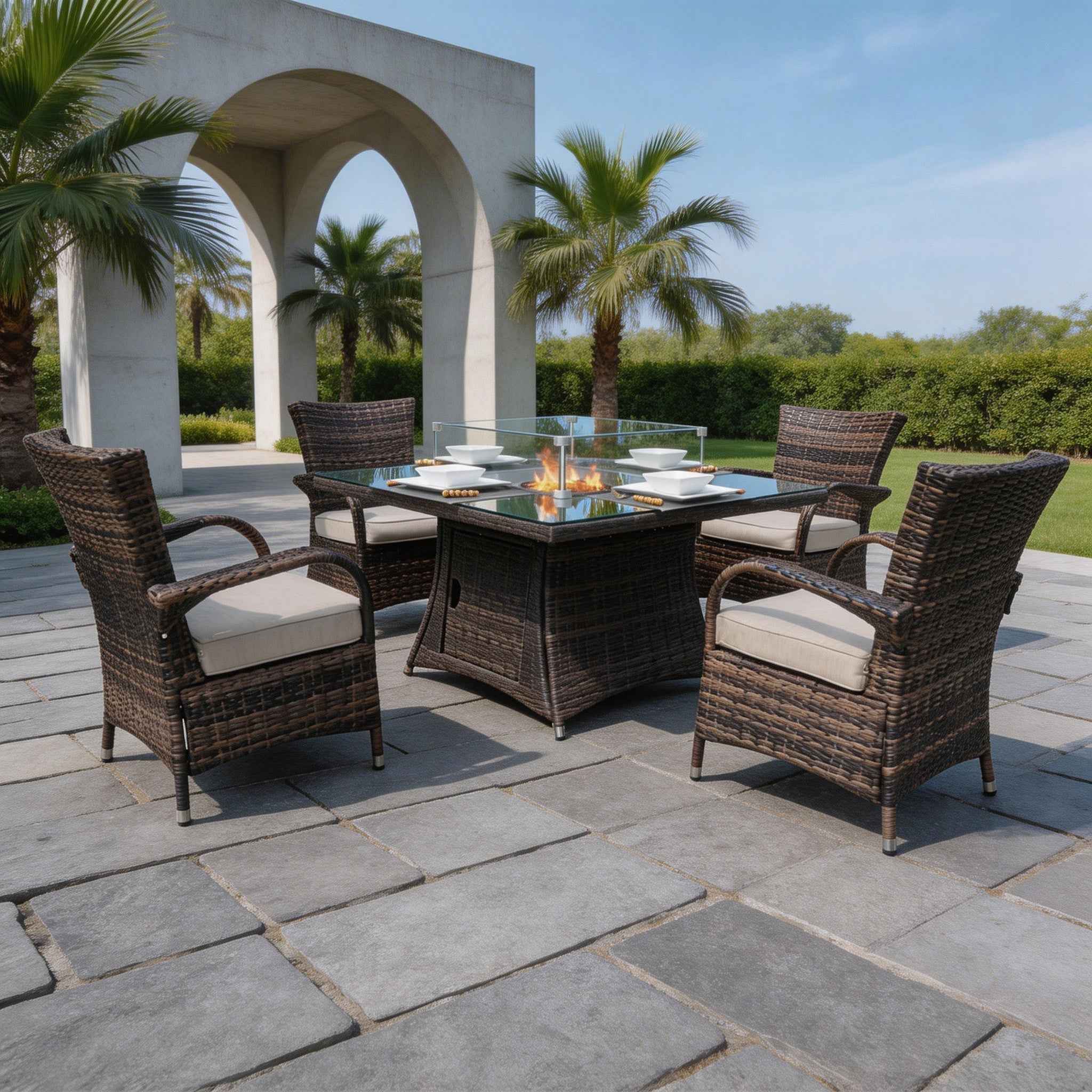 4-Seat Outdoor Fire Pit Set - Hampton Chairs with Cube Fire Pit Table (PAG-1104+1122)