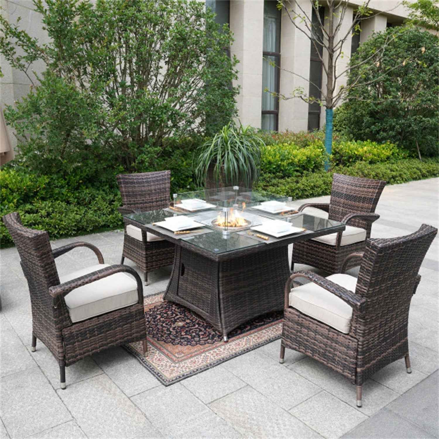 4-Seat Outdoor Fire Pit Set - Hampton Chairs with Cube Fire Pit Table (PAG-1104+1122)