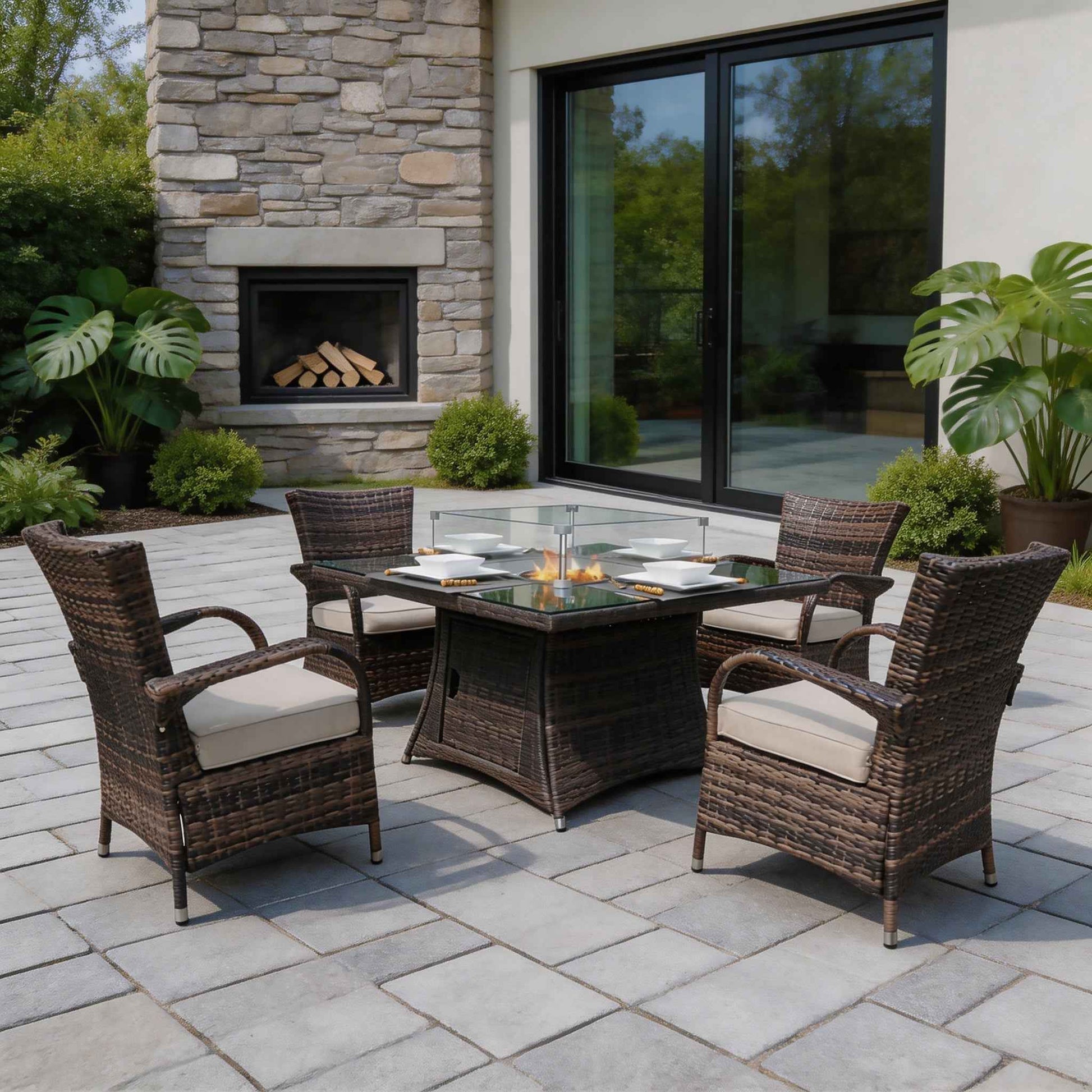 4-Seat Outdoor Fire Pit Set - Hampton Chairs with Cube Fire Pit Table (PAG-1104+1122)
