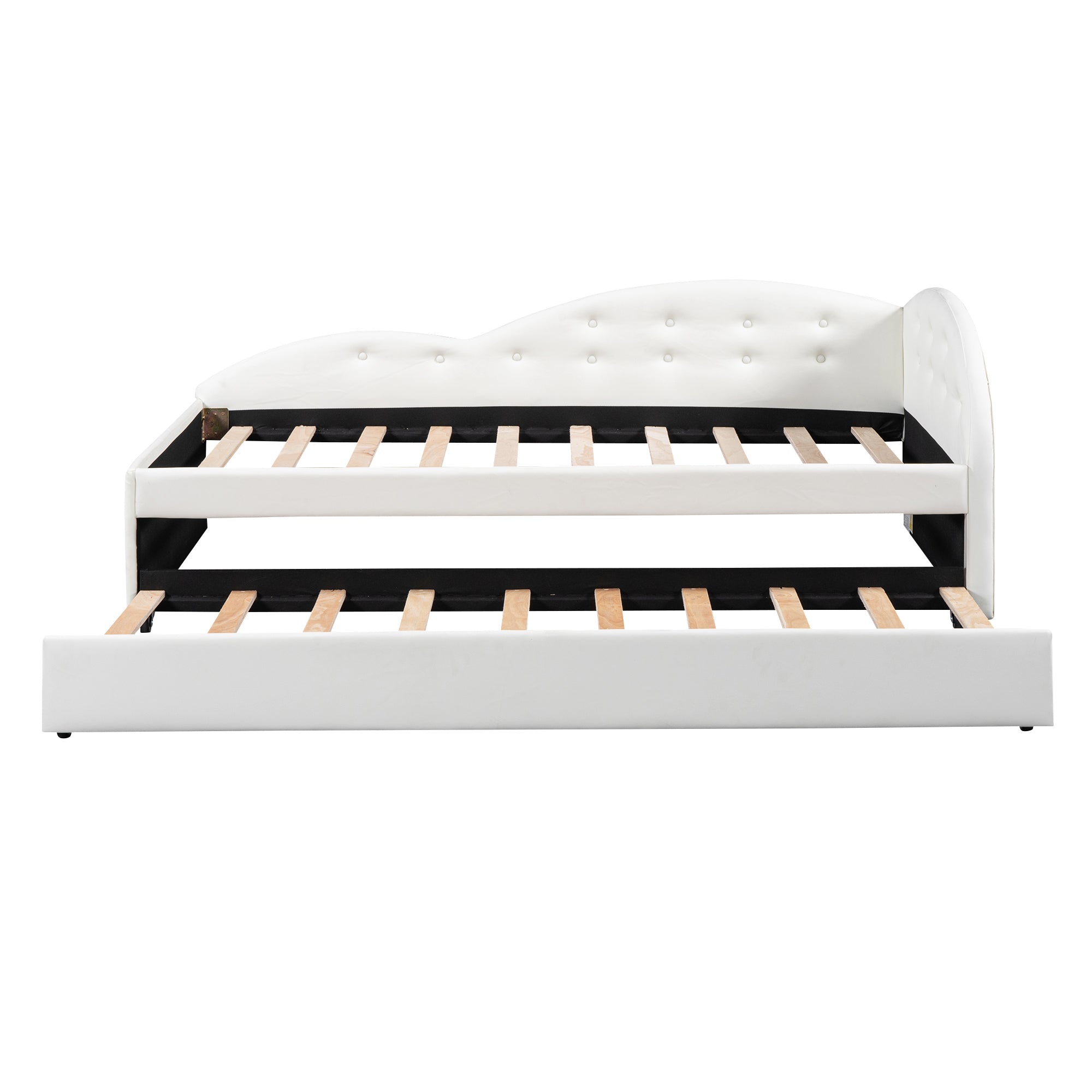 Twin Size PU Upholstered Tufted Daybed with Trundle and Cloud Shaped Guardrail, White