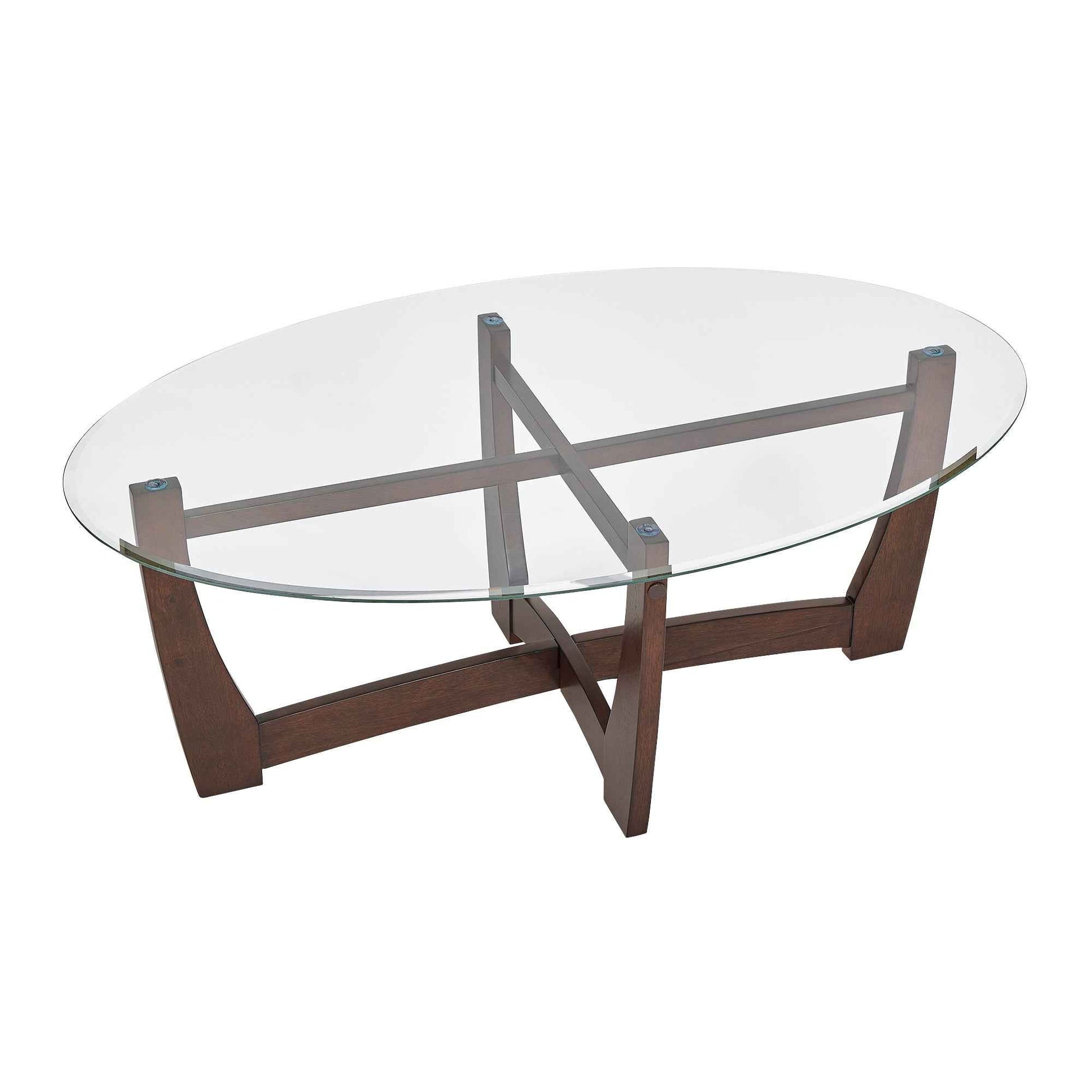48 Inch Oval Glass Coffee Table, Cherry Round Coffee Table Center Table with Glass Top, Small Coffee Table for Living Room, Office and Apartment