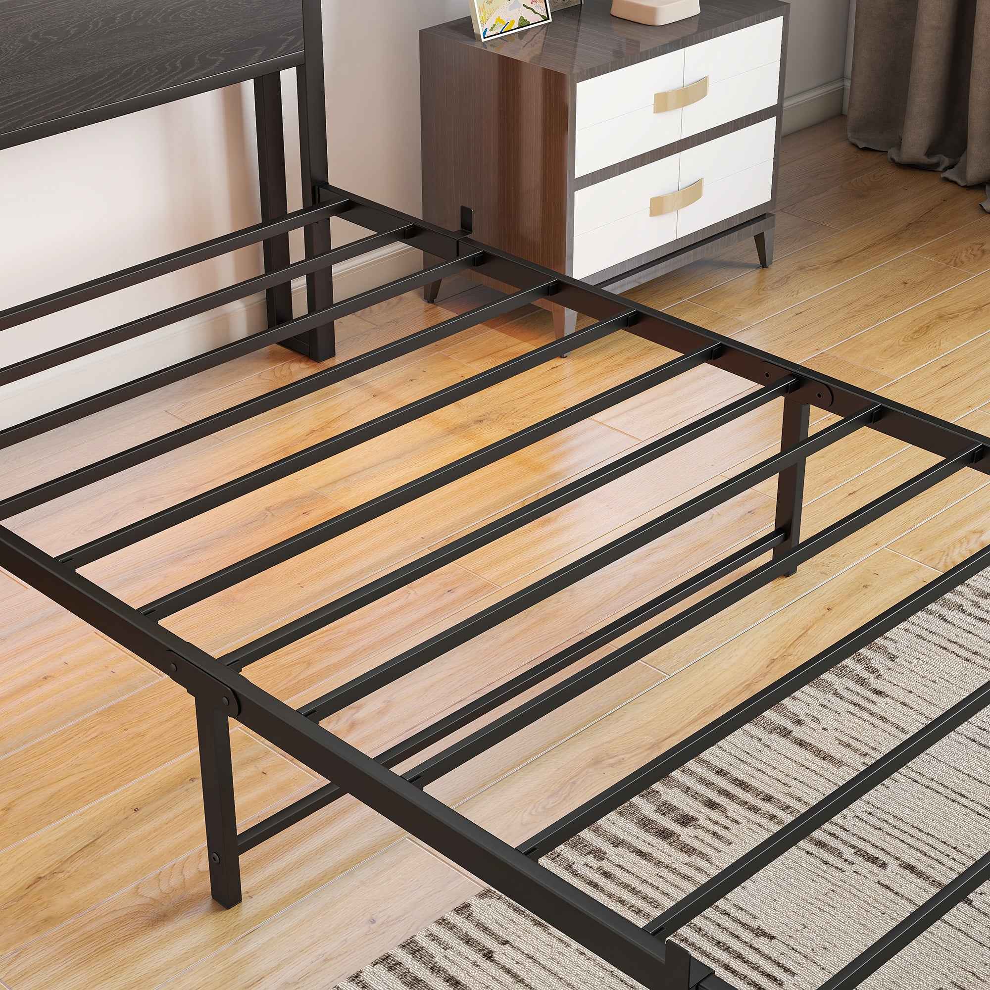 Twin Size Bed Frame with Storage Headboard, Metal Platform Bed with Charging Station, Bookcase Storage, Easy Assembly