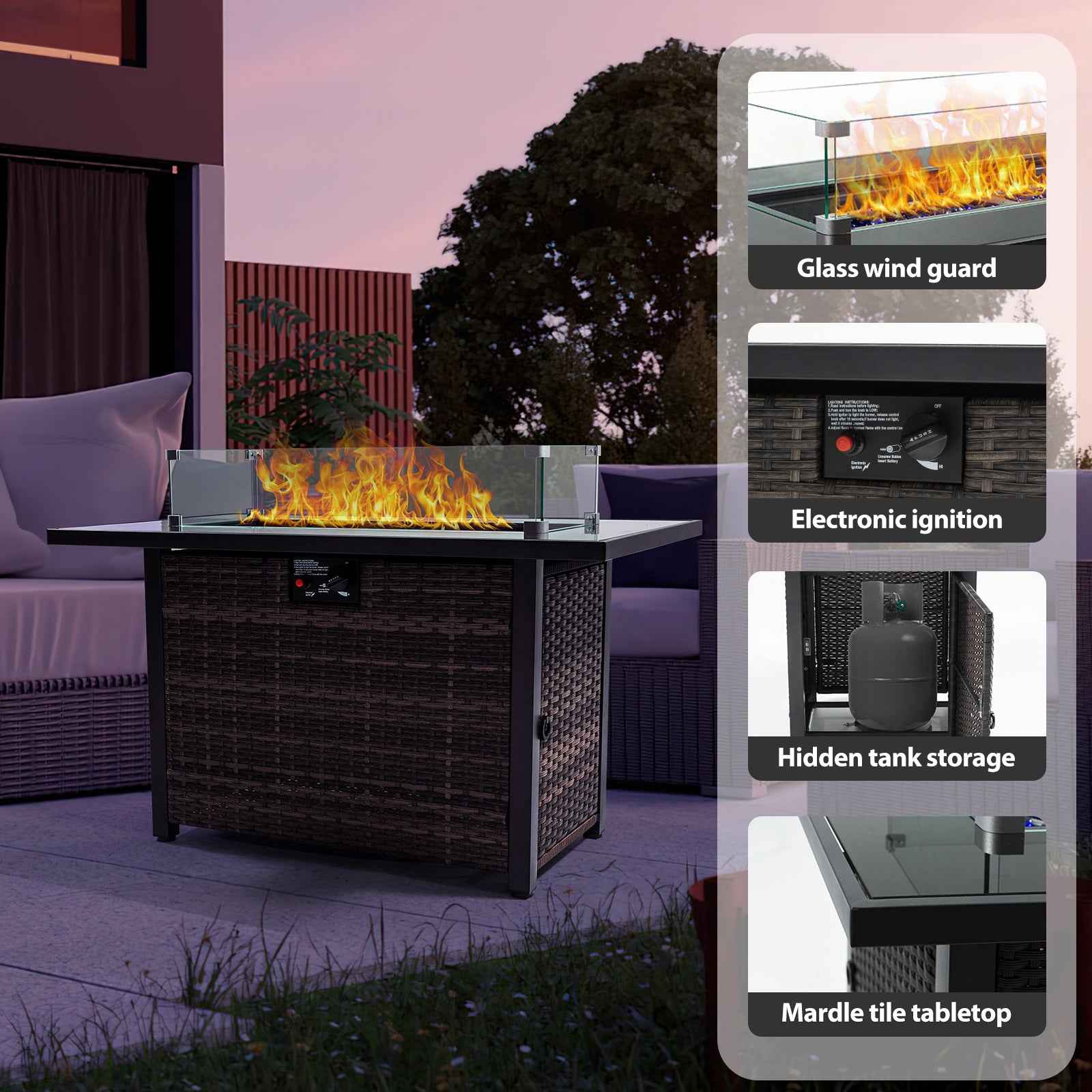 Outdoor Fire Pit 50,000 BTU Propane Gas Fire Table with Lid Fireplace with Glass Wind Guard Wicker Base for Garden, Patio, Backyard, 44'