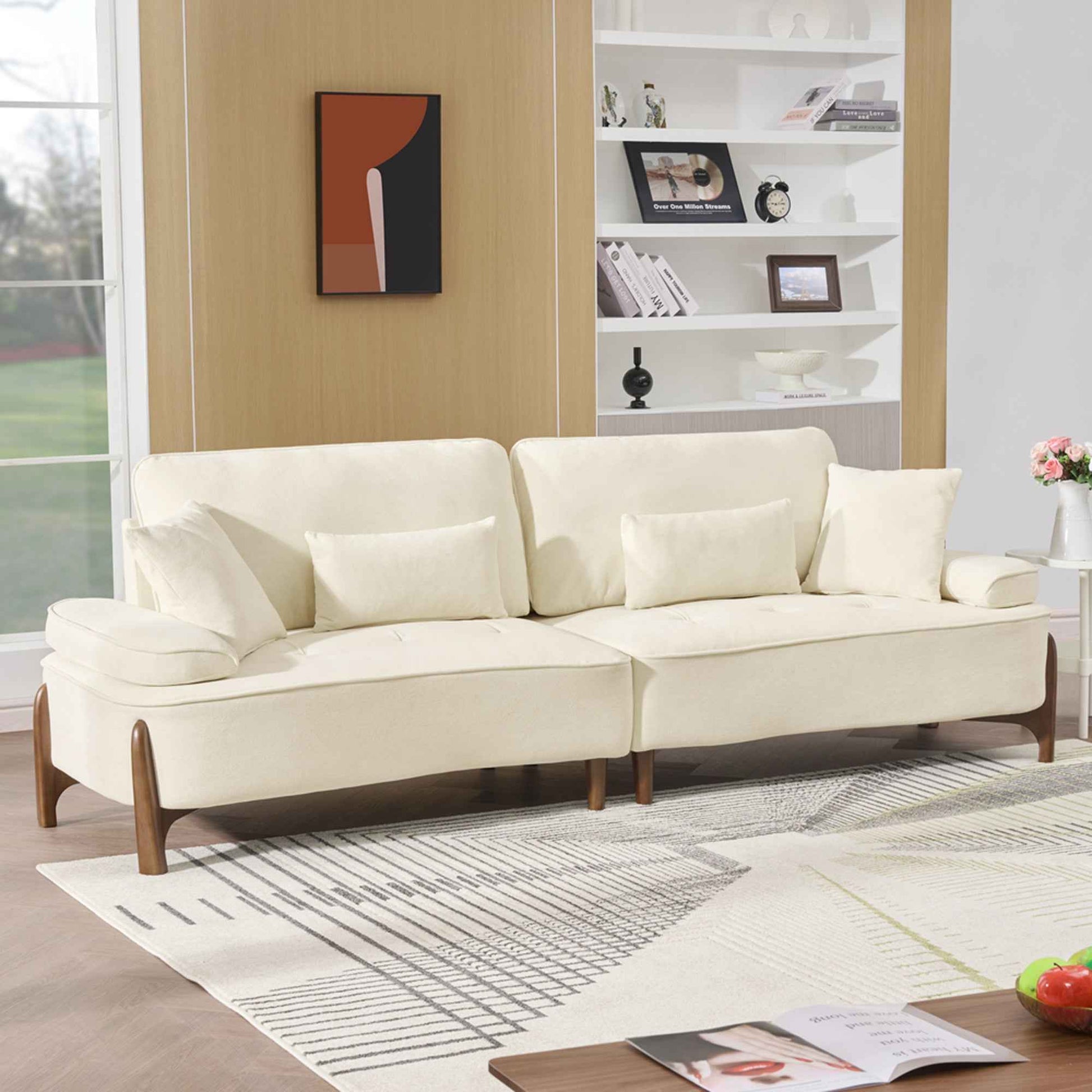 103 Inch Comfortable Deep Seated Sofa with Pillows in Beige Cloud Velvet Polyester for Bedroom, Living Room, Office