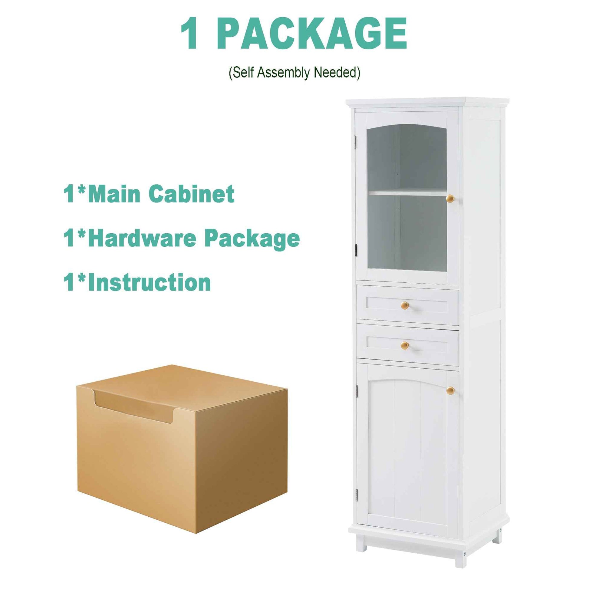 Modern Tall Bathroom Storage Cabinet with Glass Doors, Two Drawers, Adjustable Shelves, Made of MDF with White Painted Finish, 17.76'W x 14.21'D x 62.99'H