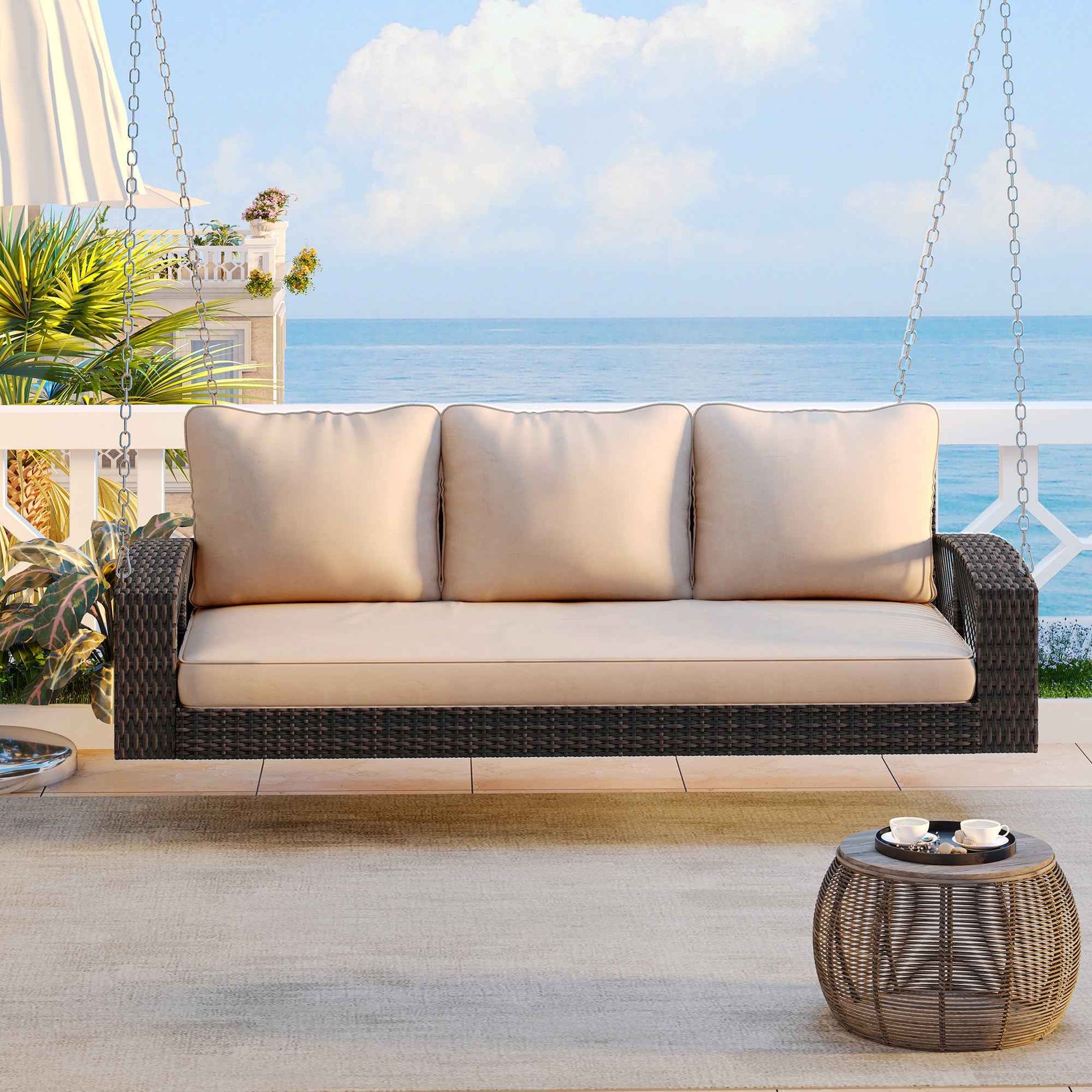 GO 69' PE Wicker 3-Person Porch Swing with Chains, Large Patio Swing Bench with Cushions for Backyard, Garden, and Poolside, Brown